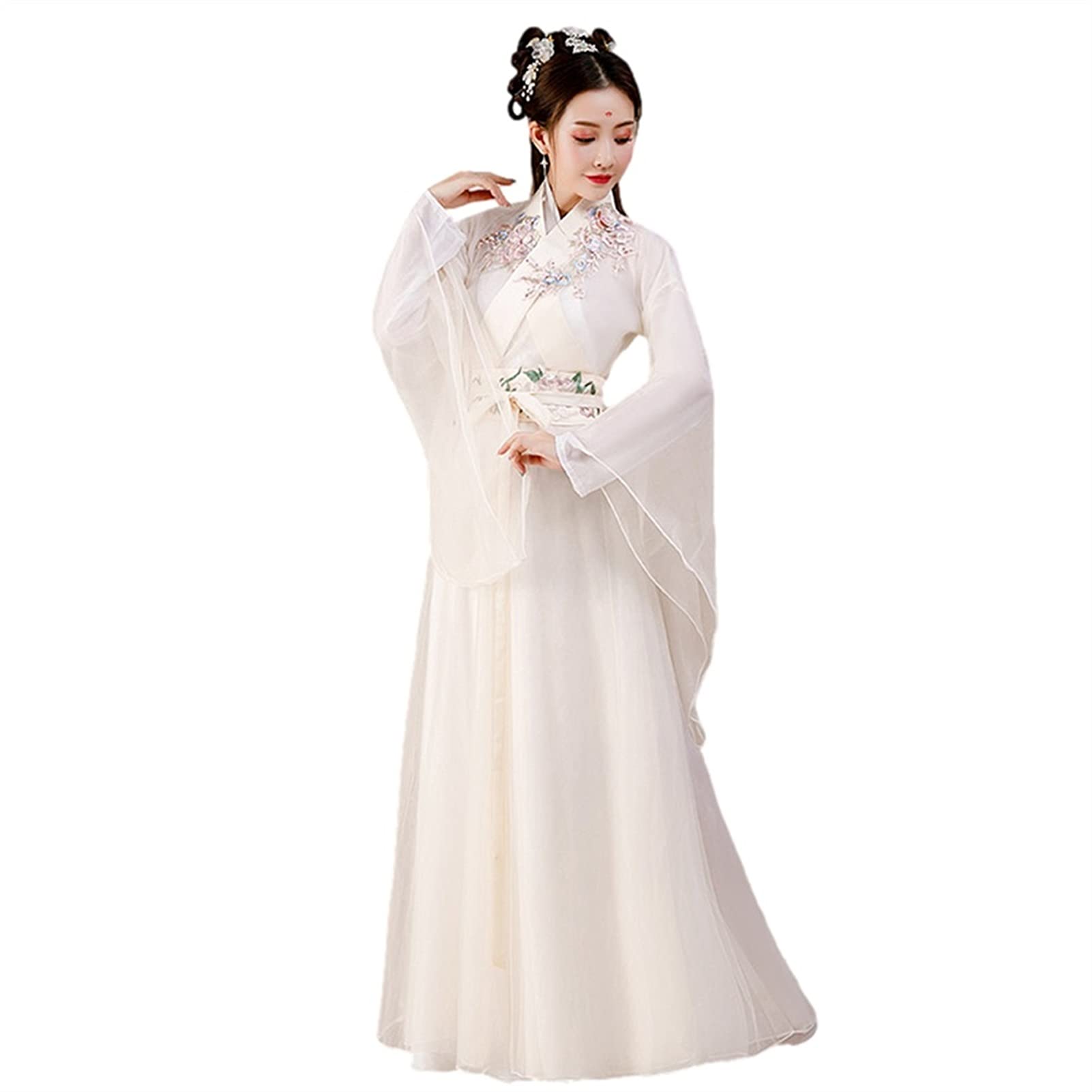 Elegant Traditional Hanfu Dress for Women - Embroidered Chinese Fairy Costume with Zipper - Princess Folk Dance Gown - Role Playing & Cosplay Outfit - White XX-Large - Perfect for Cultural Events, Themed Parties & Photo Shoots
