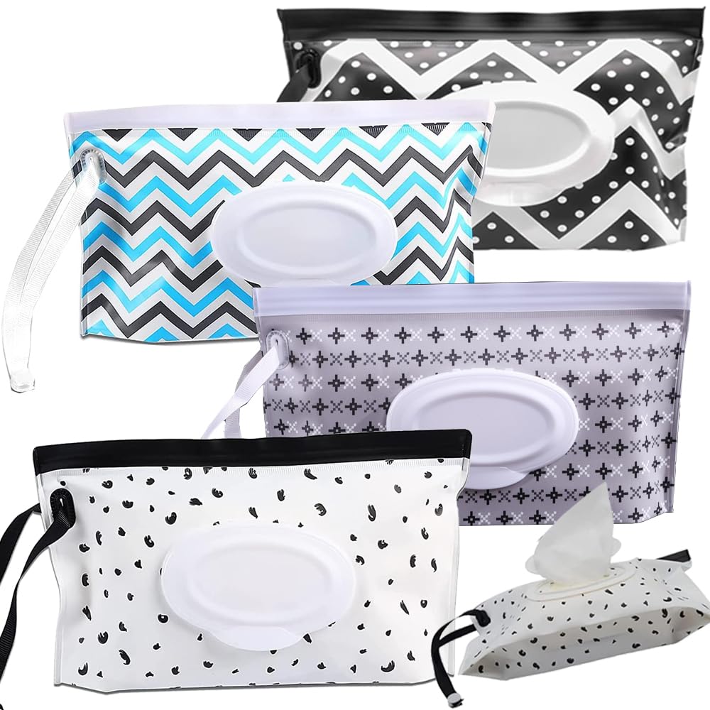 4 Pack Reusable Baby Wipe Dispenser Bags - Portable Wet Wipes Holder with Lid, Refillable Travel Wipes Pouch for Diaper Changing, On-the-Go Cleaning & Baby Care Essentials