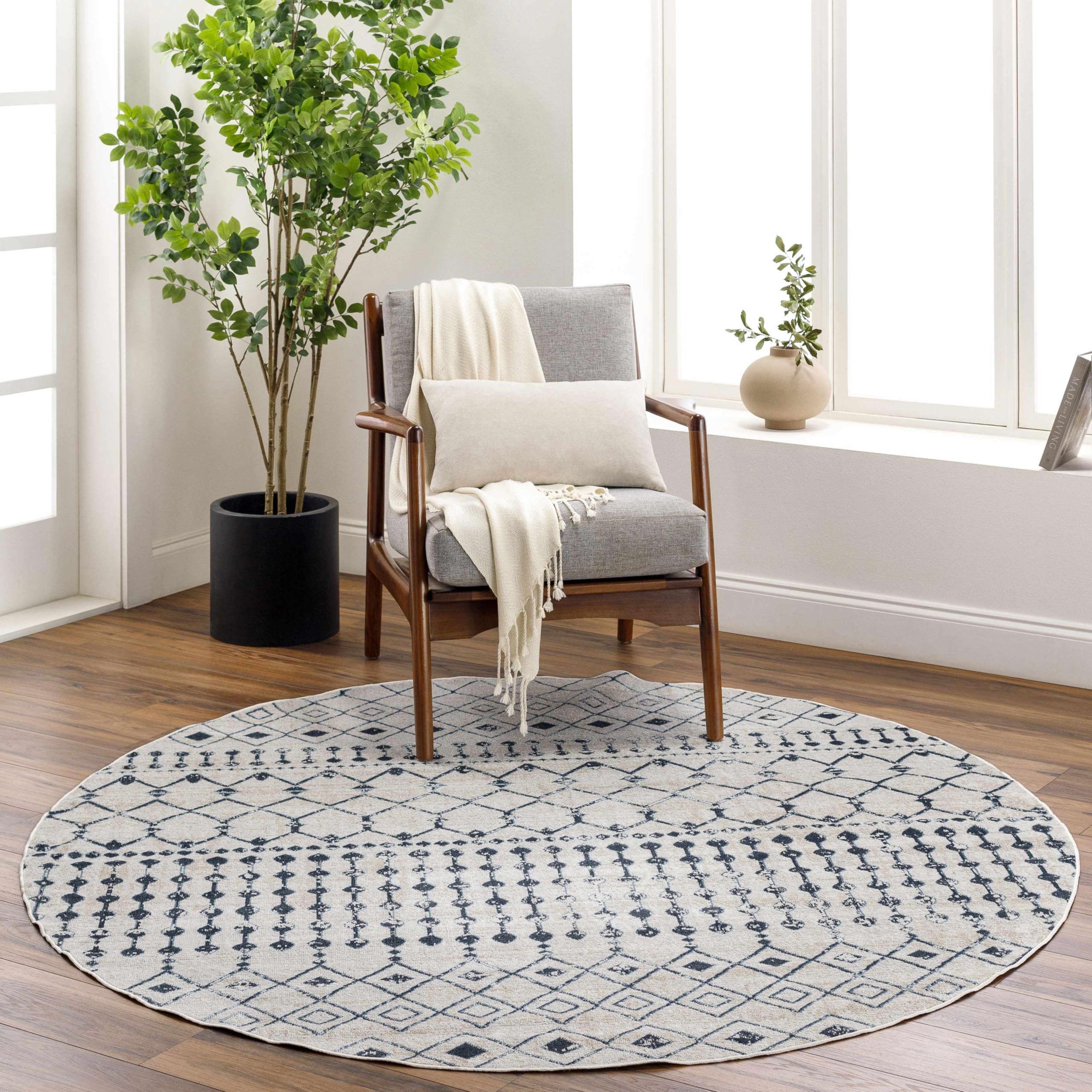Modderfontein Washable Area Rug for Living Room & Bedroom - Blue & Beige Round 6'7