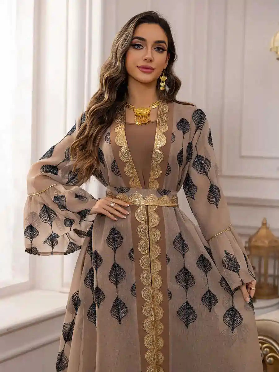 Elegant 2-Piece Eid Dress Set - Embroidered Caftan Kaftan with Sleeveless Inner Dress #25469 | Perfect for Eid Celebrations, Weddings & Special Occasions