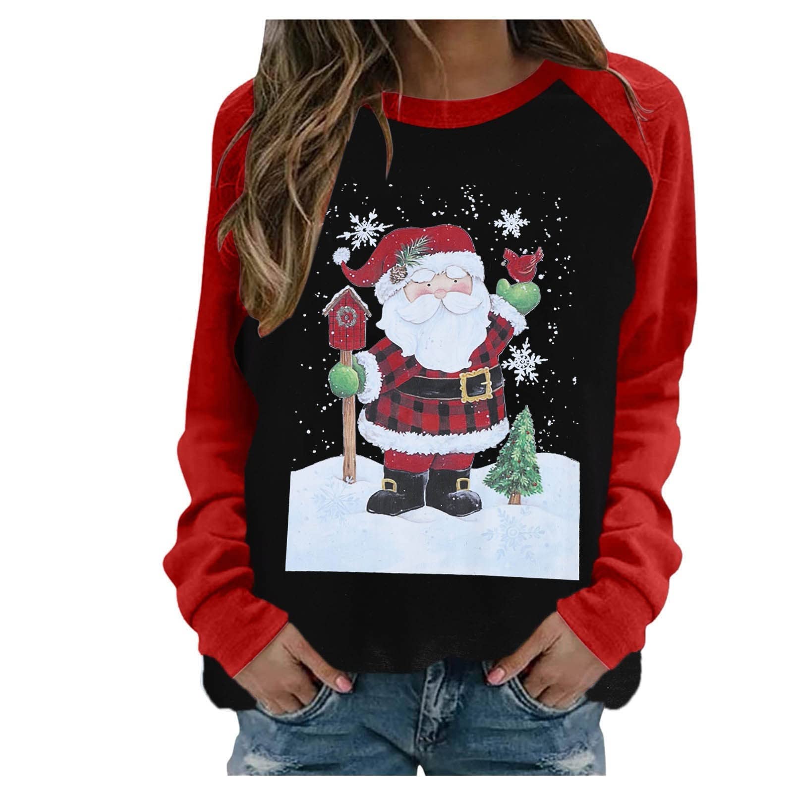 Women's Long Sleeve Casual Christmas Print Raglan T-Shirt - Festive Holiday Blouse for Women - Perfect for Christmas Parties, Family Gatherings & Winter Outfits