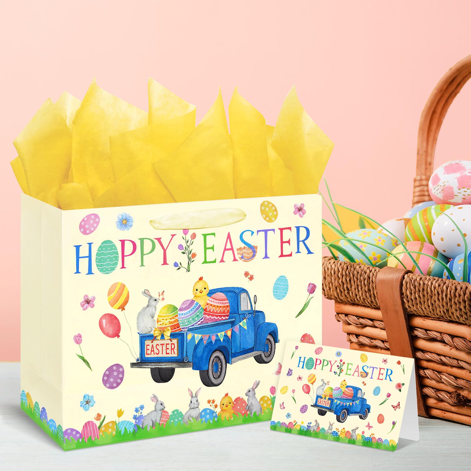 SOCOLER 13 Inch Large Easter Gift Bags with Tissue Paper and Greeting Card - Perfect for Kids Easter Egg Hunts, Party Favors, and Classroom Treats
