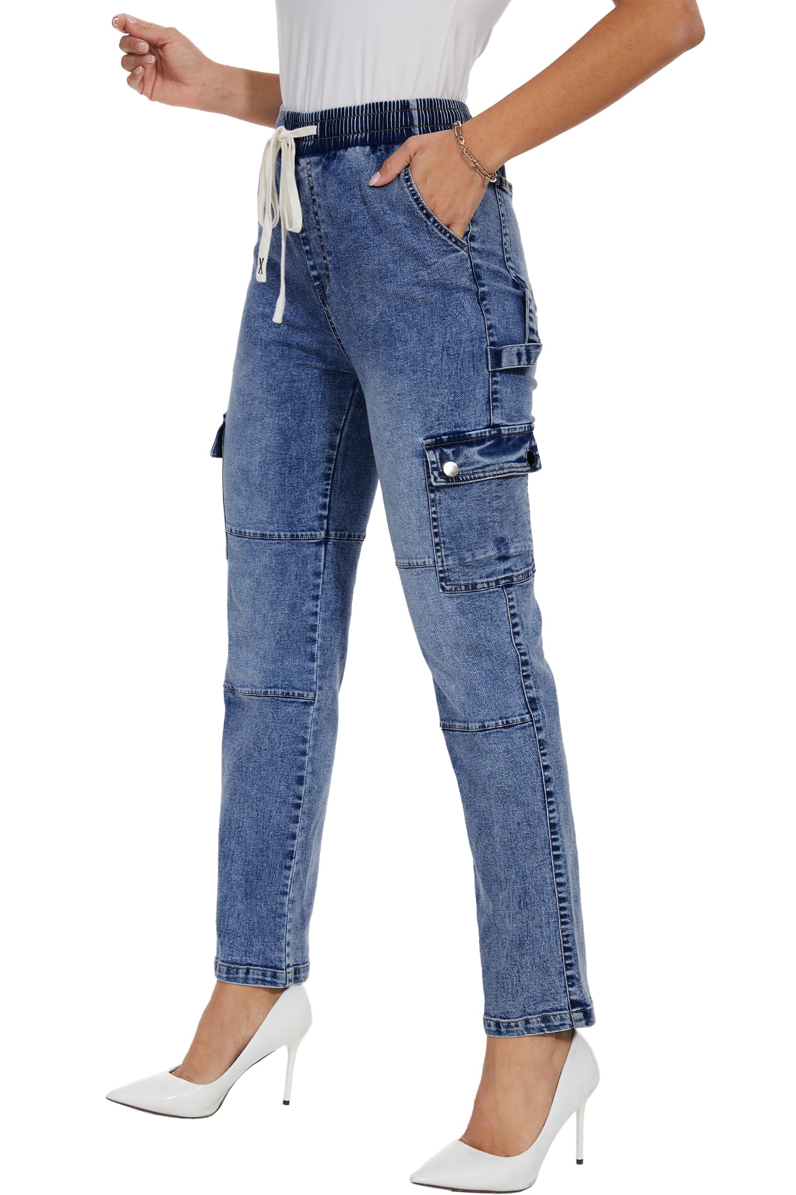 HVEPUO Women's Casual Straight Leg Cargo Pants - High Waisted Stretch Jeans with Multiple Pockets | Perfect for Work, Travel & Everyday Wear
