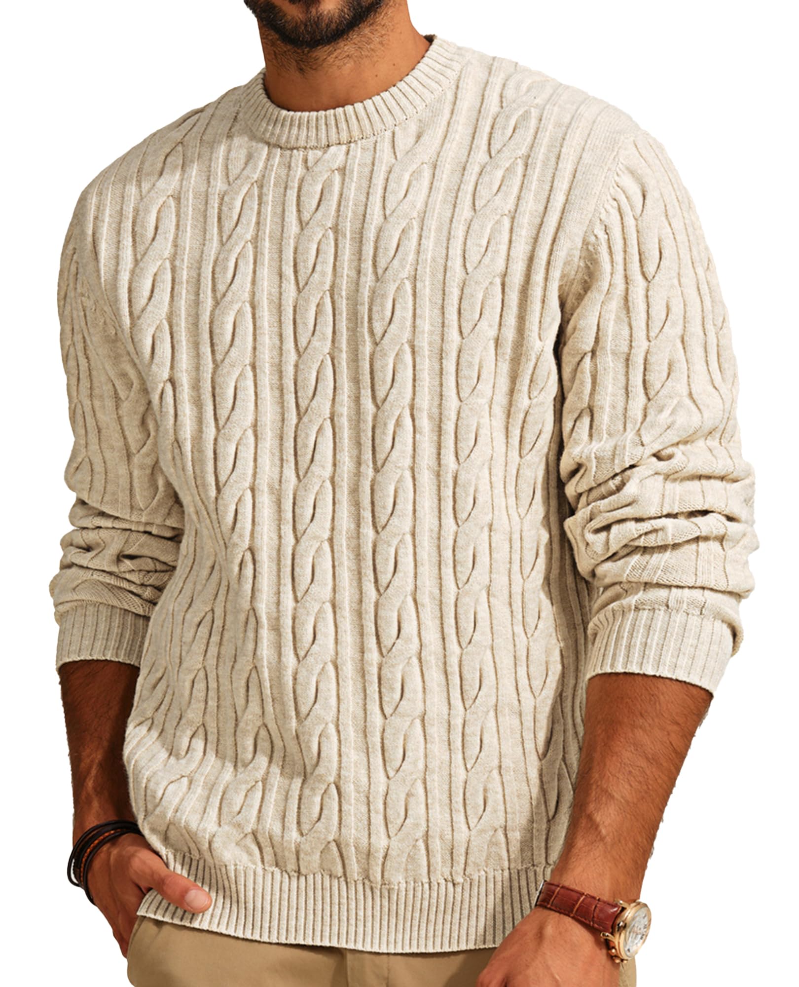 PJ PAUL JONES Men's Cable Knit Crewneck Sweater - Soft Casual Pullover Winter Warm Textured Knitwear for Office, Date Night & Holiday Outfits