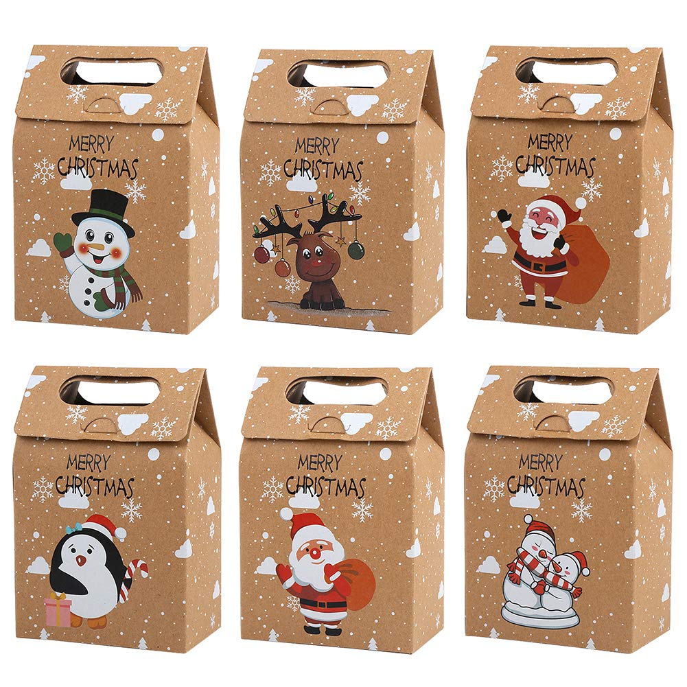 CCINEE 12-Pack Christmas Kraft Paper Gift Bags - Santa & Reindeer Print Cookie Candy Bags for Holiday Parties, Kids Favors, Xmas Treats & New Year Gifts - Perfect for Classroom Exchanges, Office Celebrations & Festive Gift Wrapping