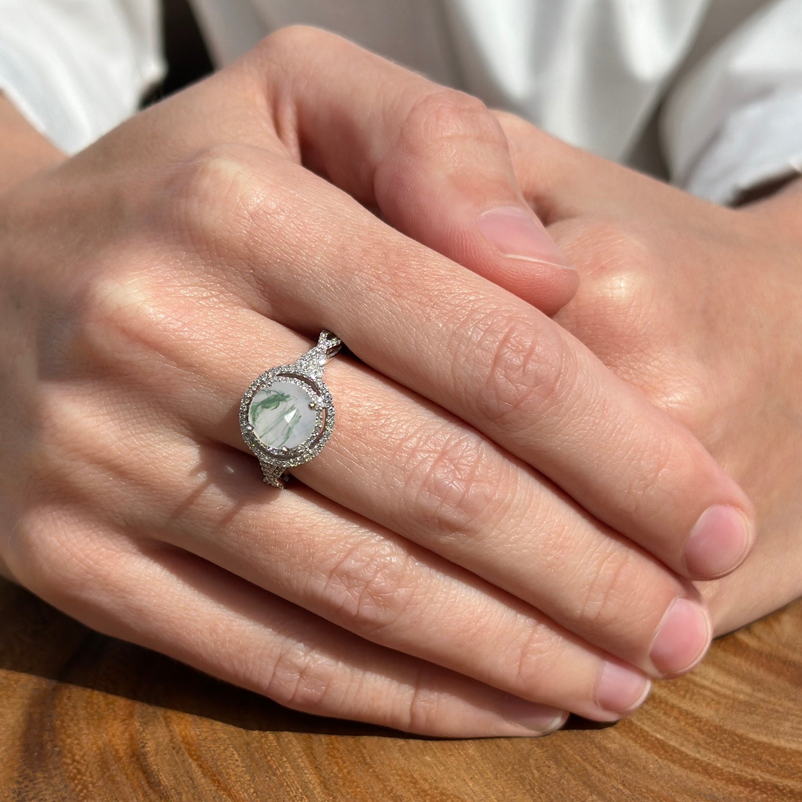 14K White Gold Round Halo Natural Green Moss Agate Twisted Split Shank Diamond Engagement Ring for Women - Perfect for Weddings, Anniversaries & Special Occasions