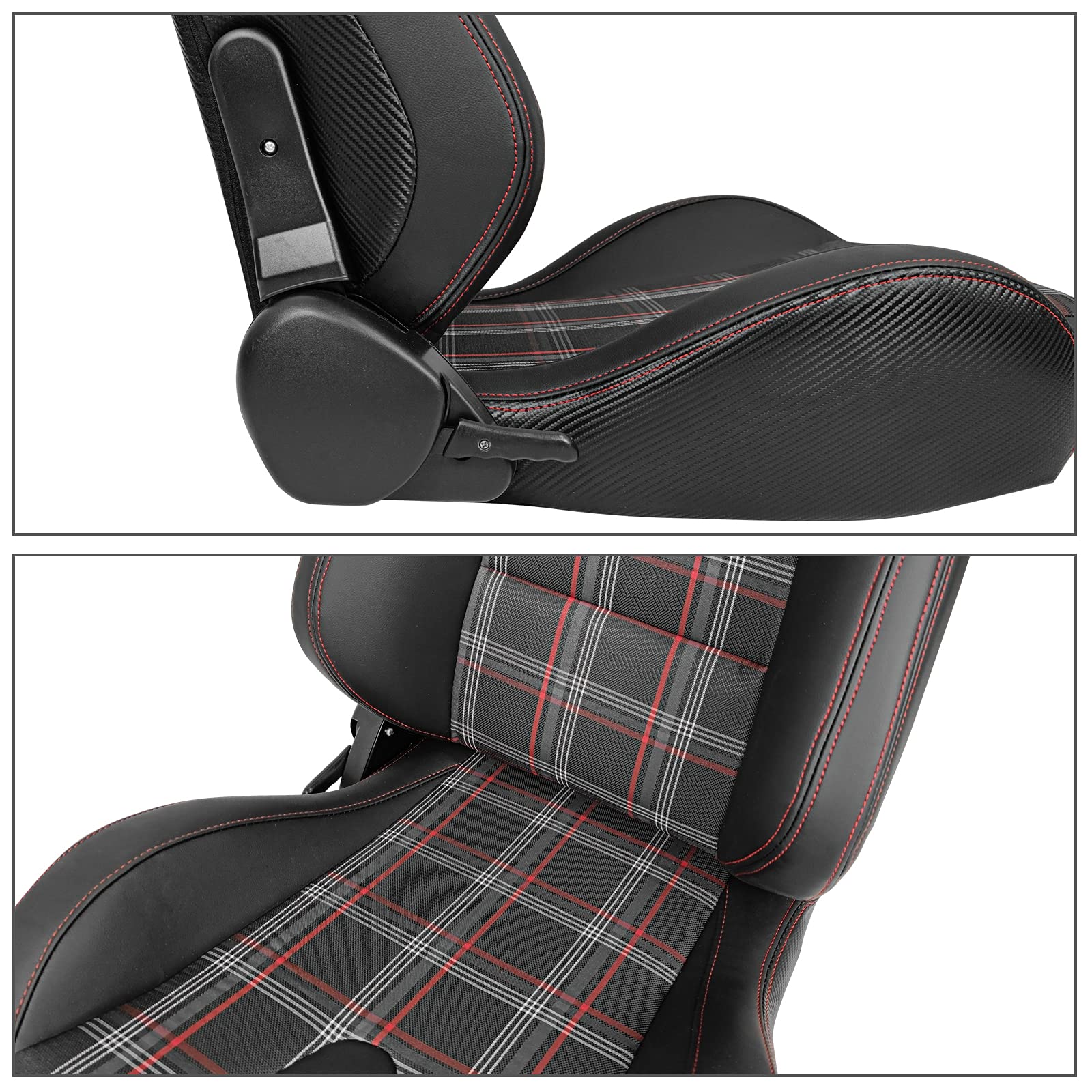 FREEMOTOR802 Universal Racing Seats - Reclinable Sport Seats with Dual Lock Sliders, Adjustable Bucket Seats (Driver & Passenger) - PU Leather + Plaid Fabric + Carbon Fiber - Black & Red Plaid - Perfect for Car Racing, Drifting & Street Performance