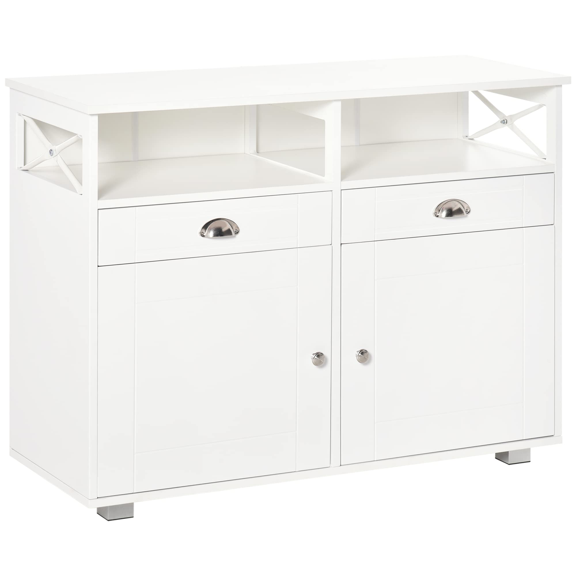 HOMCOM White Sideboard Buffet Cabinet with Storage Drawers - Kitchen Coffee Bar Organizer, Large Tabletop & Crossbar Design for Dining Room, Living Room, or Home Office Storage