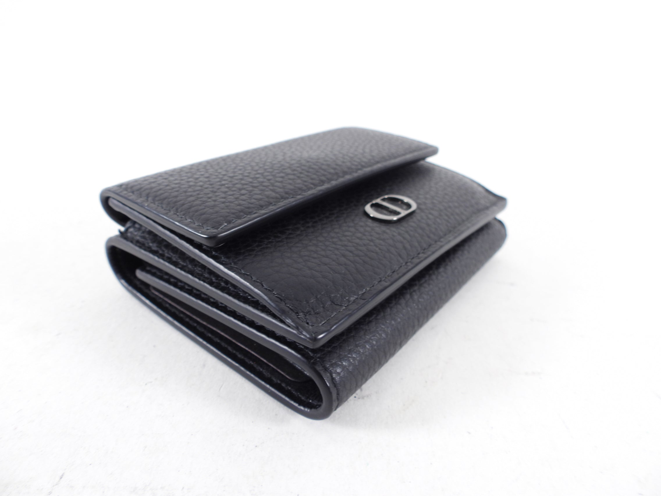 Christian Dior CD Icon Black Grained Leather Trifold Compact Wallet for Women - Luxury Designer Wallet for Everyday Use, Travel & Gifts