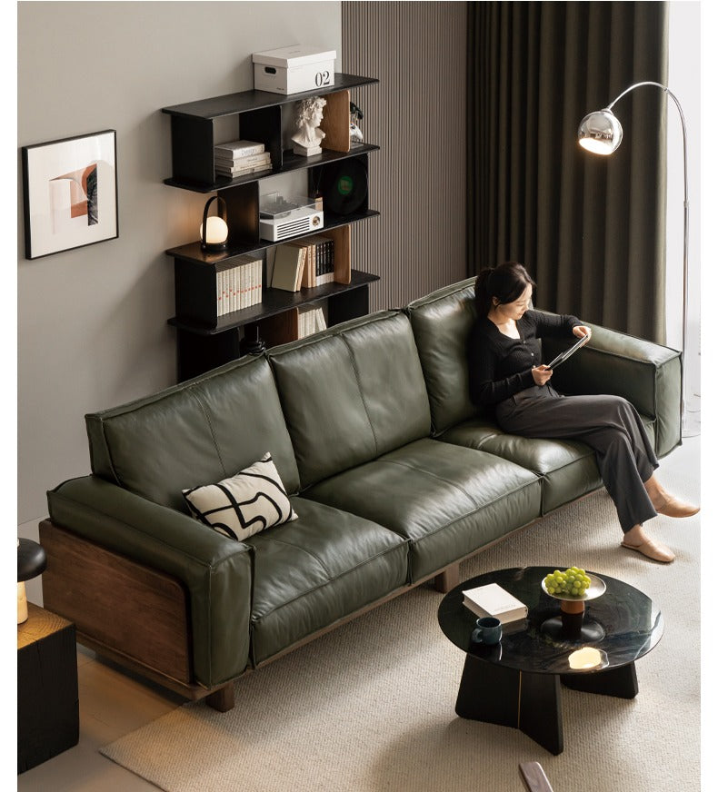 Premium Black Walnut Solid Wood Leather Sofa - Handcrafted Luxury Sofa for Living Room, Office & Lounge - Durable & Stylish Modern Furniture for Home Decor