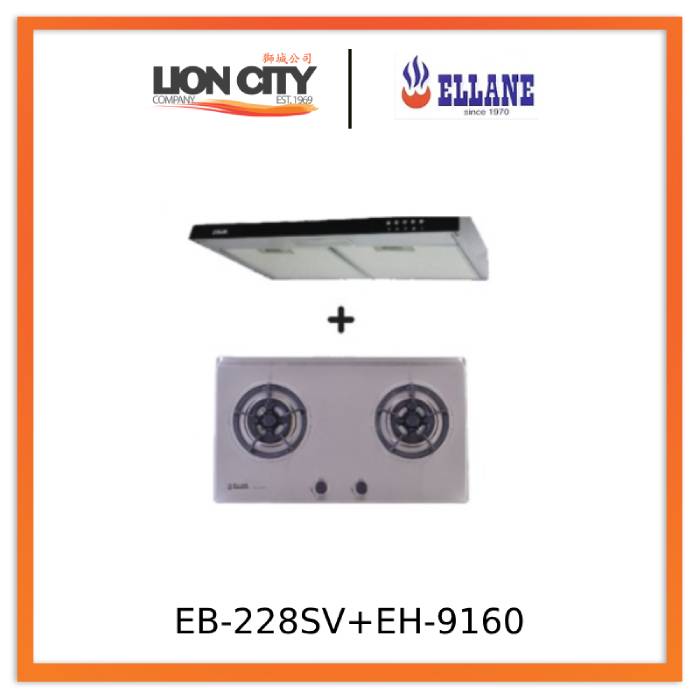 Ellane 60cm/90cm Slimline Range Hood with Black Glass Panel EH 9160 & EB 228SV 75cm 2 Burner Stainless Steel Cooktop - Modern Kitchen Ventilation for Apartments and Small Spaces