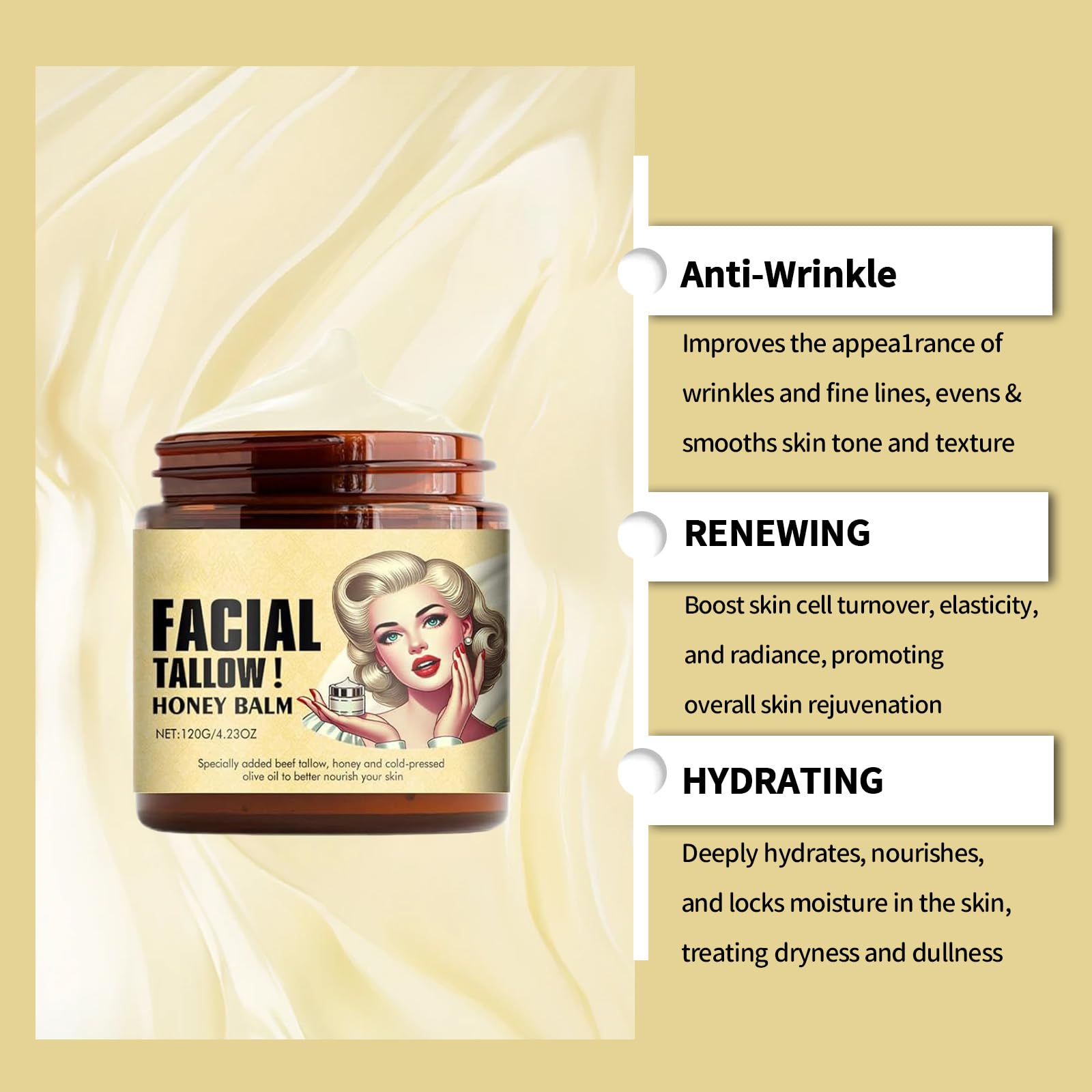 Whipped Tallow Honey Balm - Skin & Lip Moisturizer for Dry Skin - 4.23oz