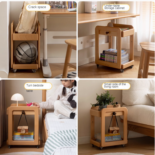 Solid Wood Beech & Rubber Kids Under Desk Mobile Storage Rack - Modern Organizer for Toys, Books & School Supplies in Bedroom or Playroom