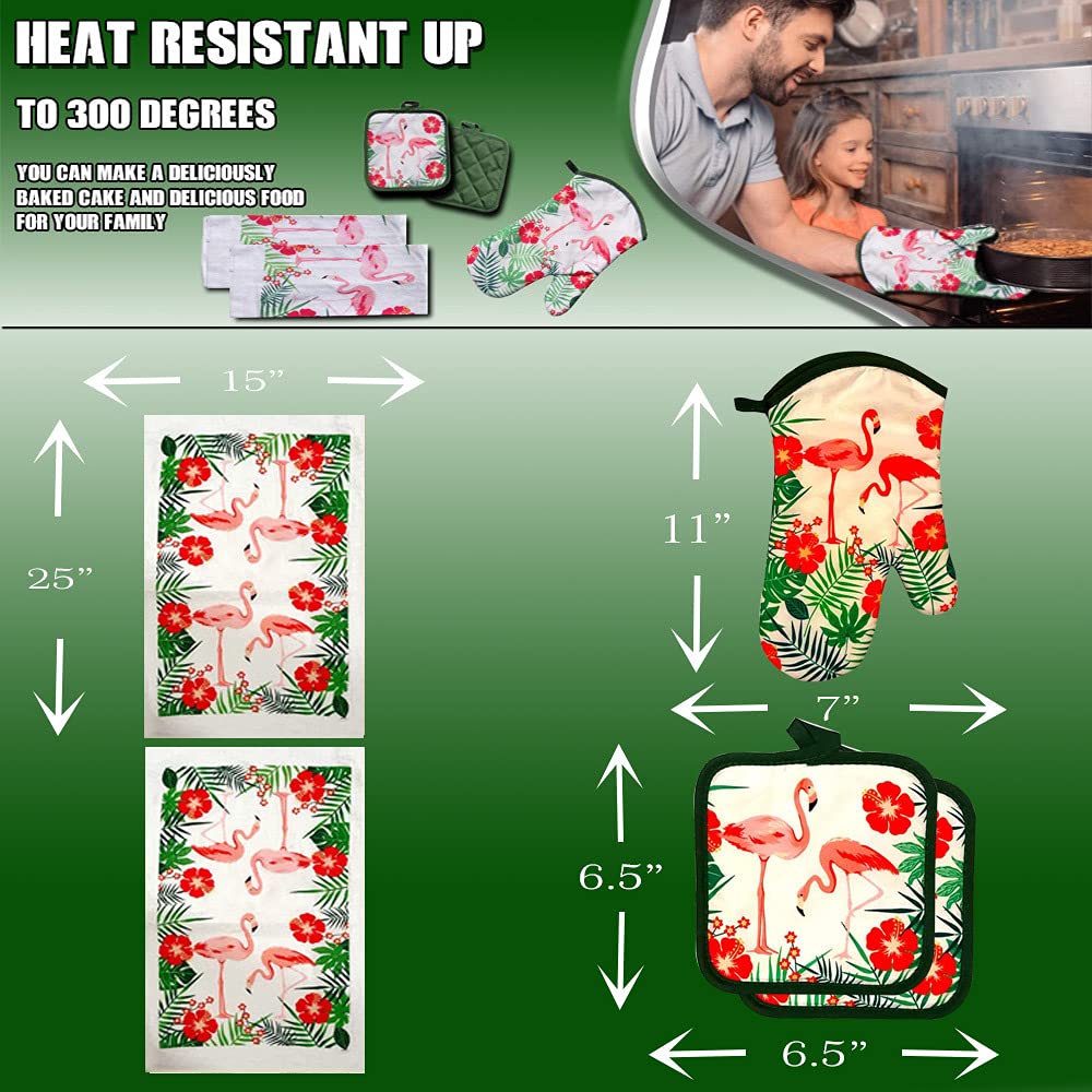 Lobyn 5-Piece Tropical Kitchen Towel Set with Pink Flamingos - 2 Decorative Dish Towels, 1 Oven Mitt & 2 Potholders - Soft & Absorbent for Cooking, Baking & Kitchen Decor