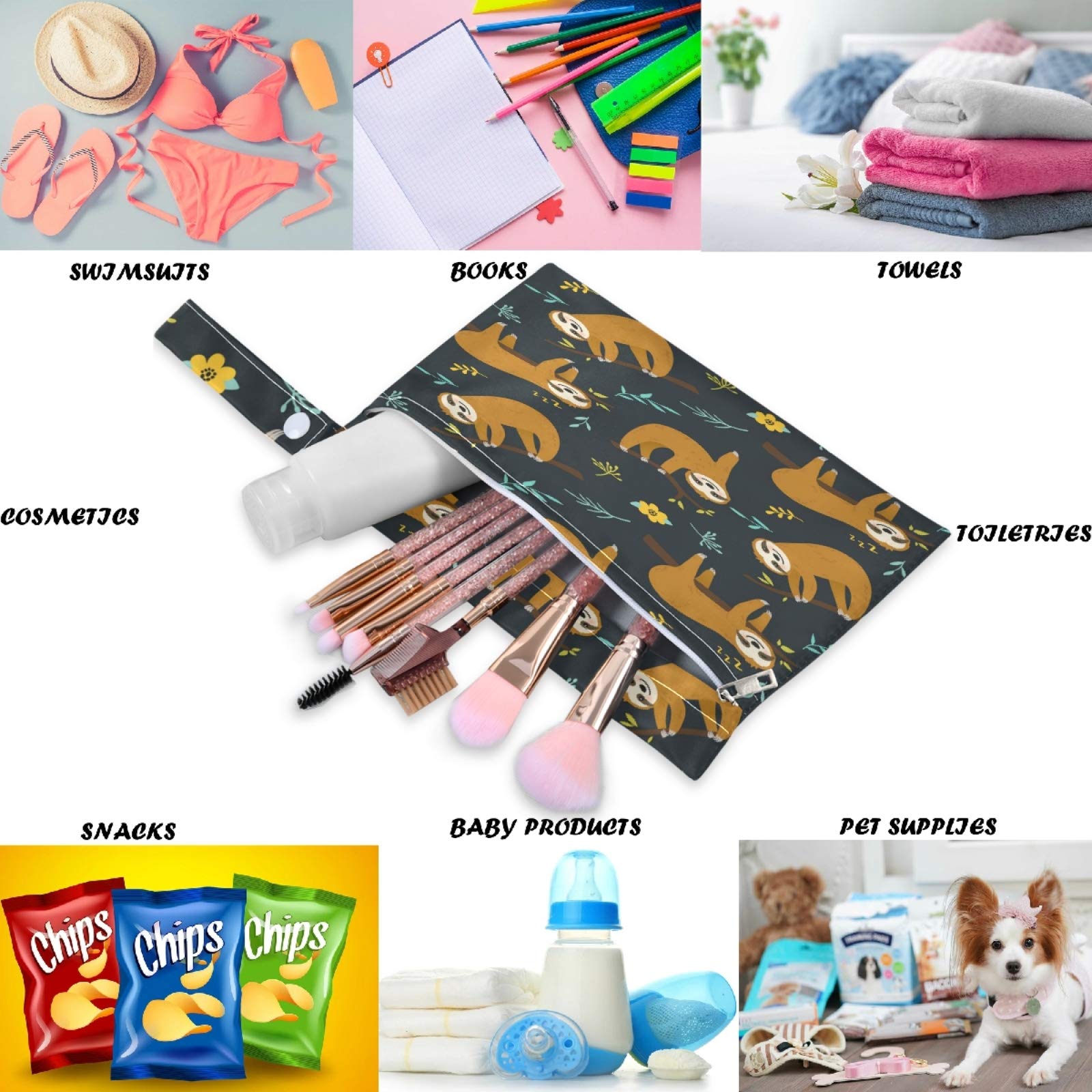 **Visesunny Cartoon Sloth 2-Pack Wet Bags with Zippered Pockets – Washable & Reusable for Travel, Beach, Pool, Daycare, Stroller | Perfect for Diapers, Gym Clothes, Swimsuits & Toiletries**    *(Ideal for Organizing Wet or Dirty Items On-the-Go!)*