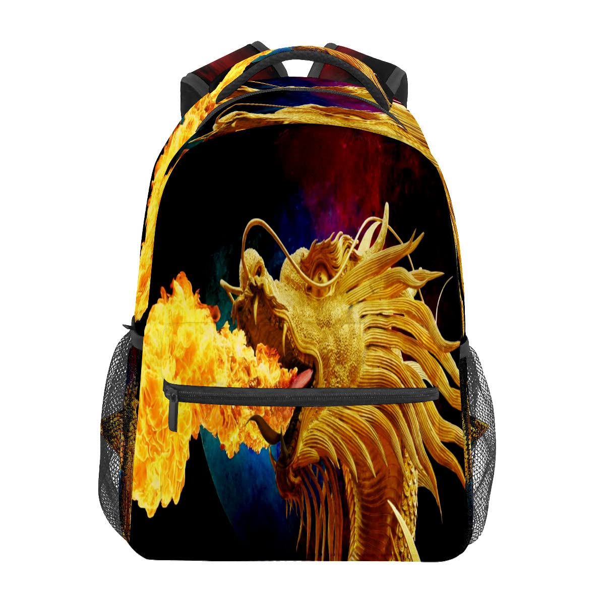 **Lightweight Dragon Print Backpack for Teens & Adults - Durable School, Travel & Laptop Bag - Fire Breathing Golden Dragon Design - Perfect for Daily Use, College & Outdoor Adventures**