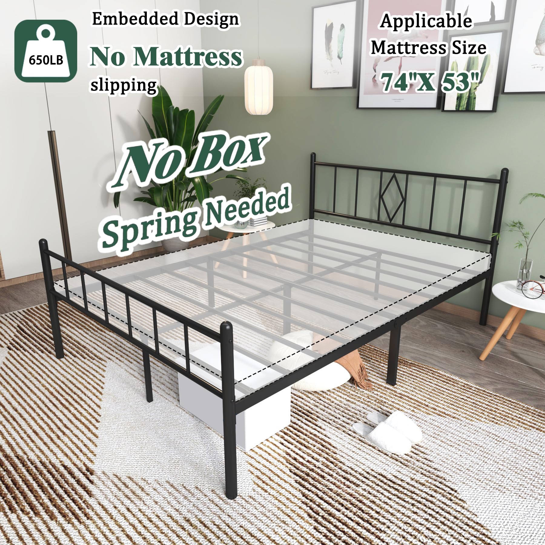 14 Inch Full Size Bed Frame with Headboard & Footboard - Sturdy Metal Slats, Under Bed Storage, No Box Spring Needed - Quiet & Easy Assembly, Black - Perfect for Small Spaces, Guest Rooms & Dormitories