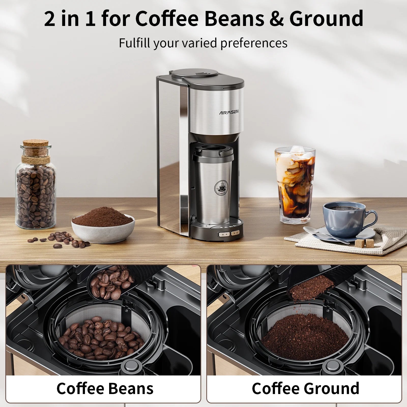Premium Single Serve Coffee Maker with Built-in Grinder - Compatible with Whole Beans & Ground Coffee - Includes Travel Mug for Home, Office & On-the-Go Use