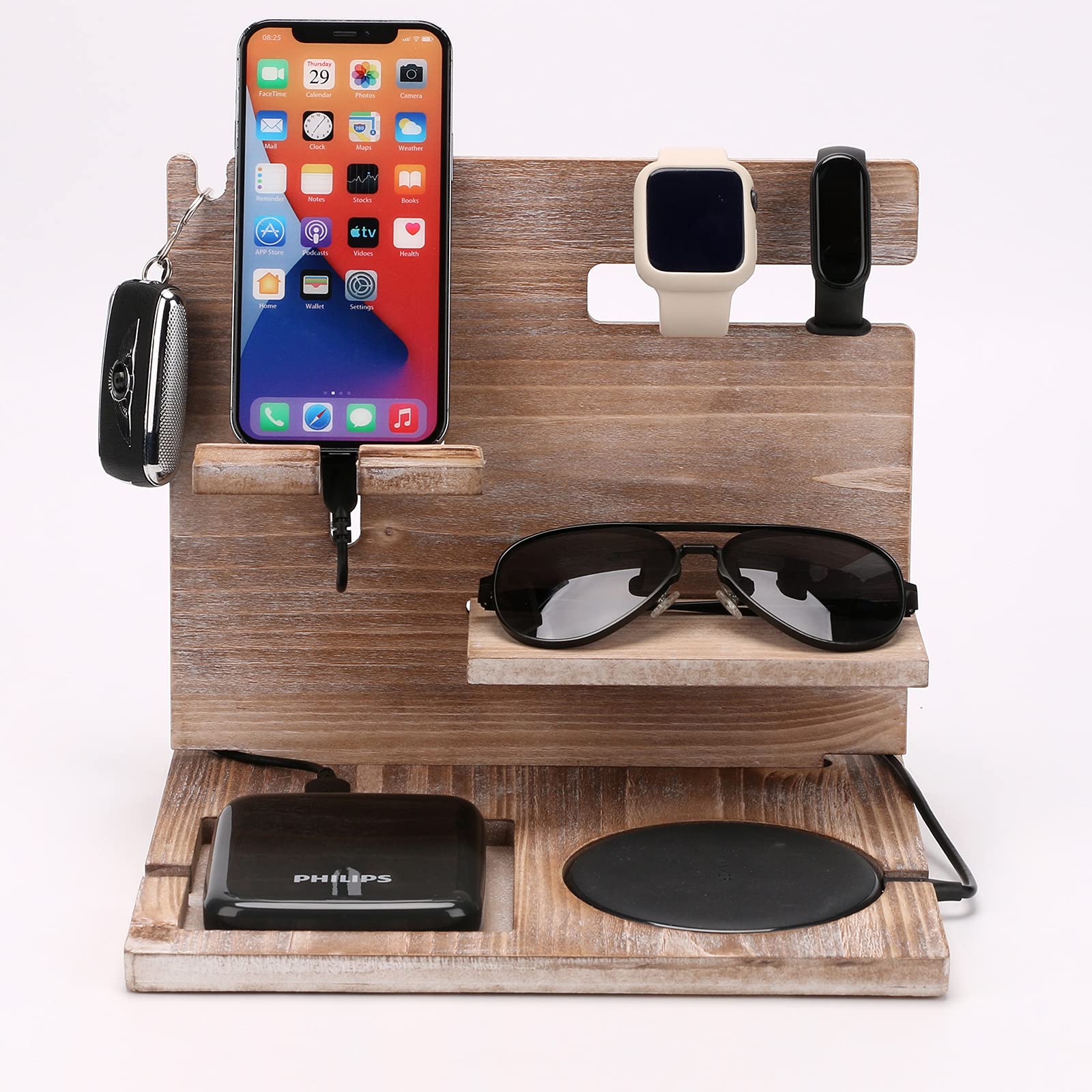 Premium Wooden Docking Station & Phone Stand - Dual Function Organizer for Home Office Desk, Compatible with iPhone, Samsung & Tablets - Perfect for Workspace, Nightstand & Minimalist Decor