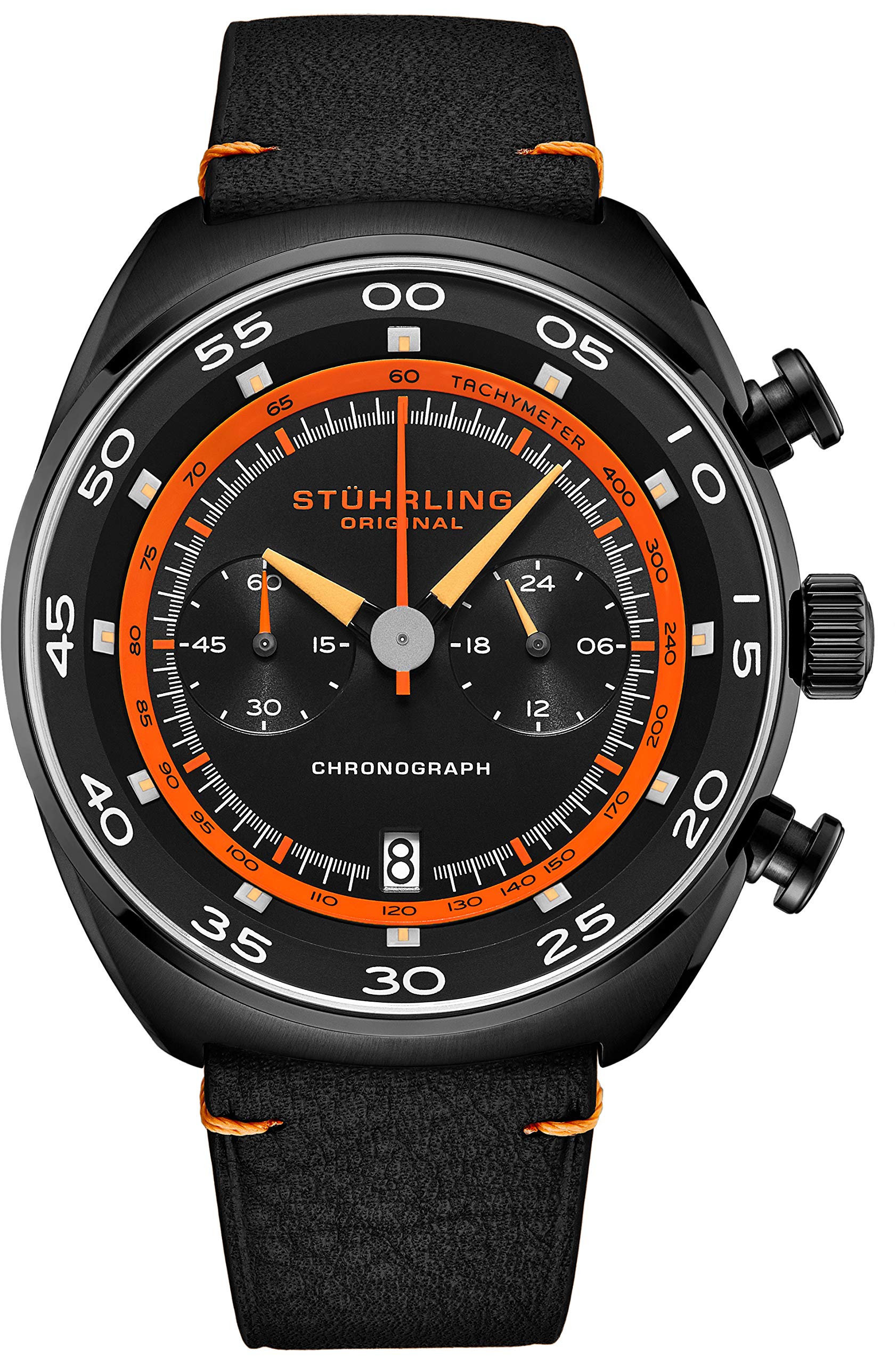 Stuhrling Original Men's Chronograph Watch with Date, Genuine Leather Strap & Stainless Steel Case - Tachymeter & 24-Hour Subdial Analog Dress Watch for Business, Formal Occasions & Everyday Wear