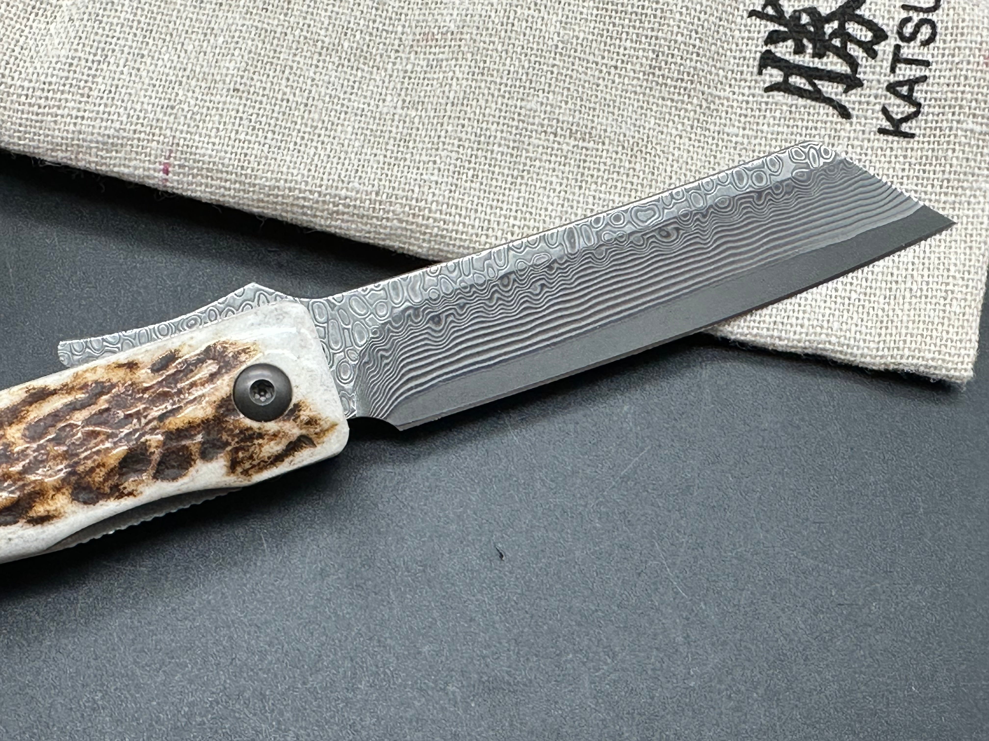 KATSU JDA01 Genuine Deer Antler Handle Hunting Knife with Damascus Steel Blade & Leather Sheath - Perfect for Outdoor Camping, Bushcraft, and Survival Activities