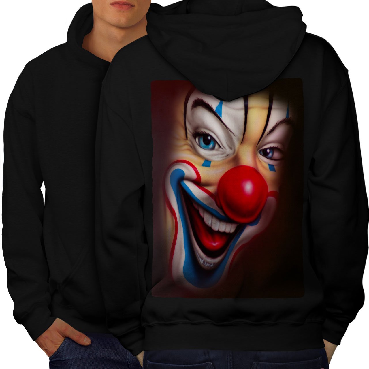 Scary Clown Hoodie for Men - Creepy Smile Printed on Back | Wellcoda Halloween Costume & Horror Cosplay Outfit