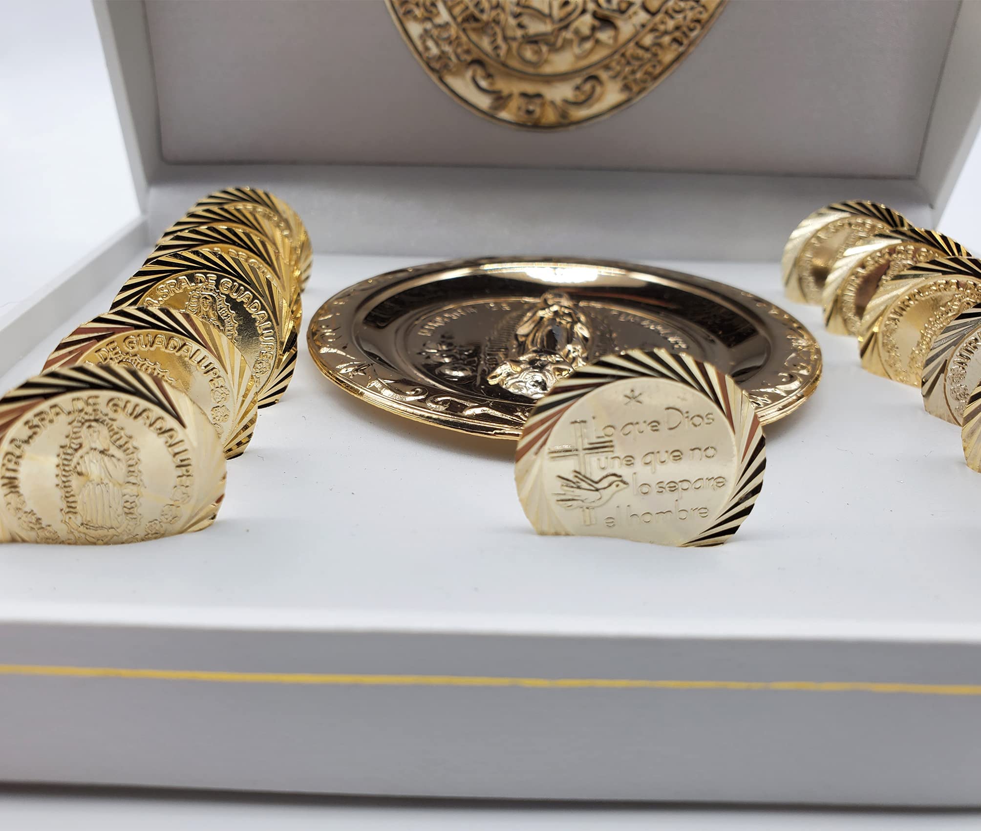 Wedding Unity Coins Set - Classic Gold-Plated Ceremony Arras with White Decorated Case & Our Lady of Guadalupe Tray - Perfect for Catholic Weddings, Vow Renewals, and Anniversary Celebrations