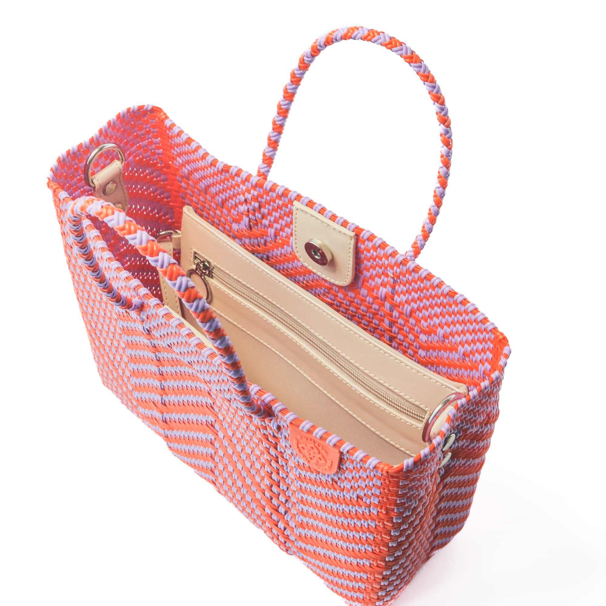 Positano Medium Woven Crossbody Bag with Detachable Mesh Pouch - Orange & Purple Recycled Plastic Beach Purse | Handmade Mexican Artisan Bag for Vacation, Travel & Resort Wear