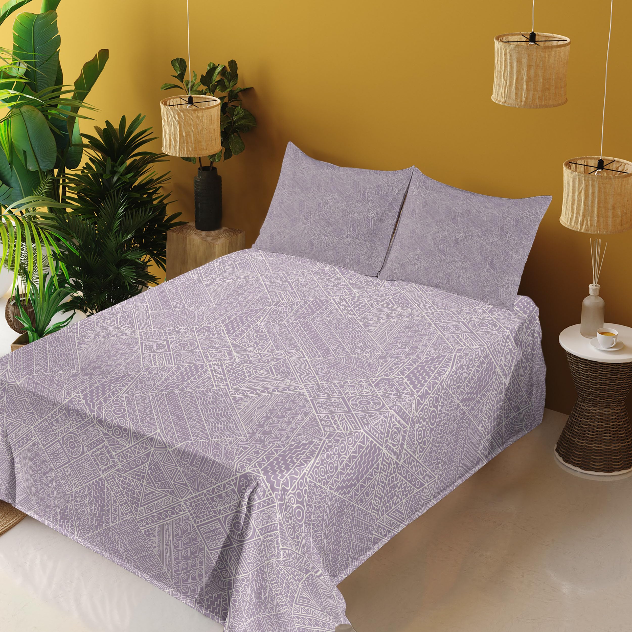 Ambesonne Abstract King Size 4-Piece Sheet Set - Hand Drawn Geometric Zigzags, Circles & Swirls in Soft Pastel Mauve & Eggshell | Fitted Sheet, Flat Sheet & 2 Pillowcases | Luxury Bedding for Modern Home Decor, Guest Room & Cozy Bedroom Retreat