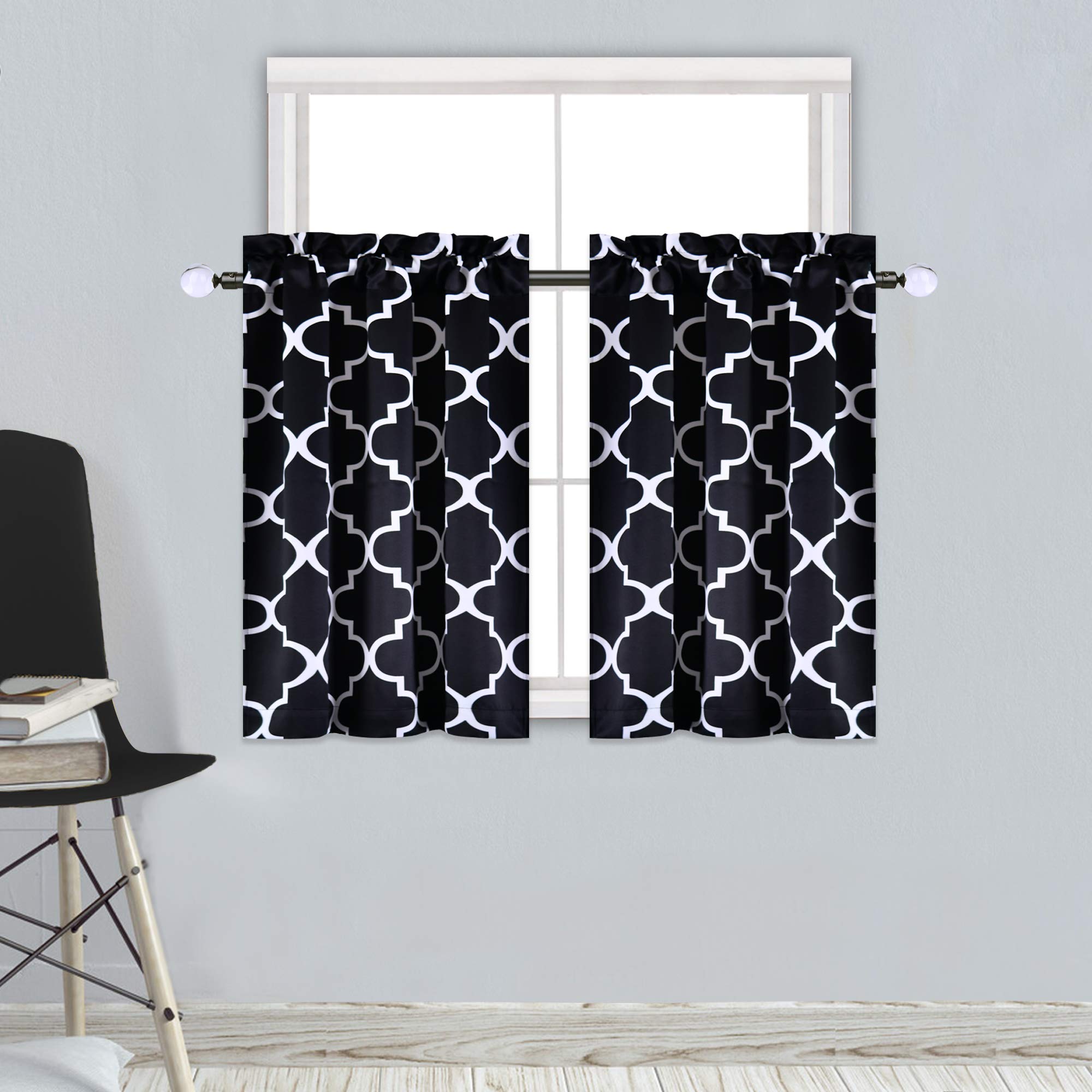 KEQIAOSUOCAI Blackout Window Curtains - Moroccan Geometric Lattice Design, Thermal Insulated Rod Pocket Valance for Kitchen, Living Room, Bathroom - 25x36 Inches (Black, 2 Panels) | Perfect for Small Windows, Cafes & Home Decor