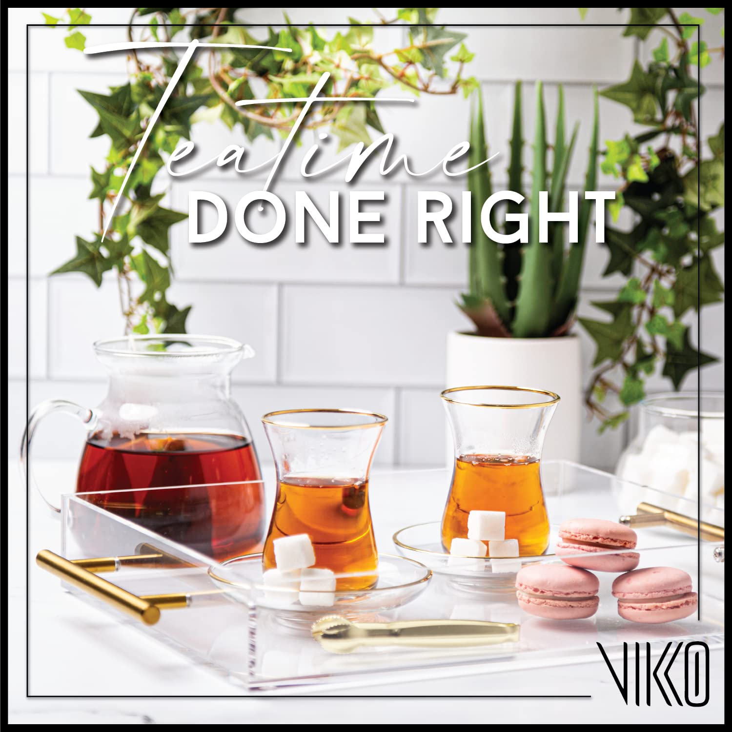 Vikko Turkish Tea Glasses & Saucers Set - 6 Clear Glass Tea Cups with Gold Accents (5.5 Oz Each) & 6 Matching Plates - Authentic Turkish Tea Set for Home, Cafe or Gift