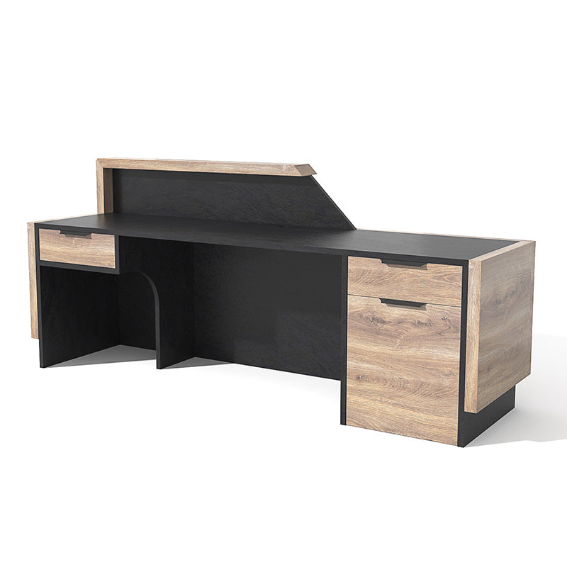 CONROY 2.4M Left Panel Reception Desk in Warm Oak & Black - Modern Office Furniture for Corporate Lobby & Hotel Front Desk