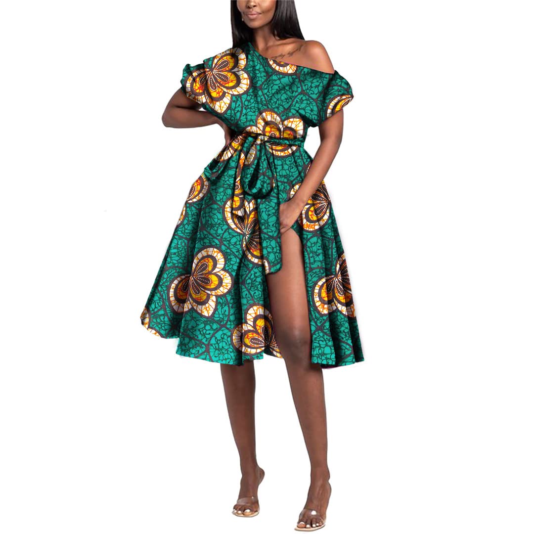 Stylish African Print Off Shoulder High Waist Party Dress for Women - Plus Size with Belt | XXXL | Perfect for Weddings, Cultural Events & Special Occasions