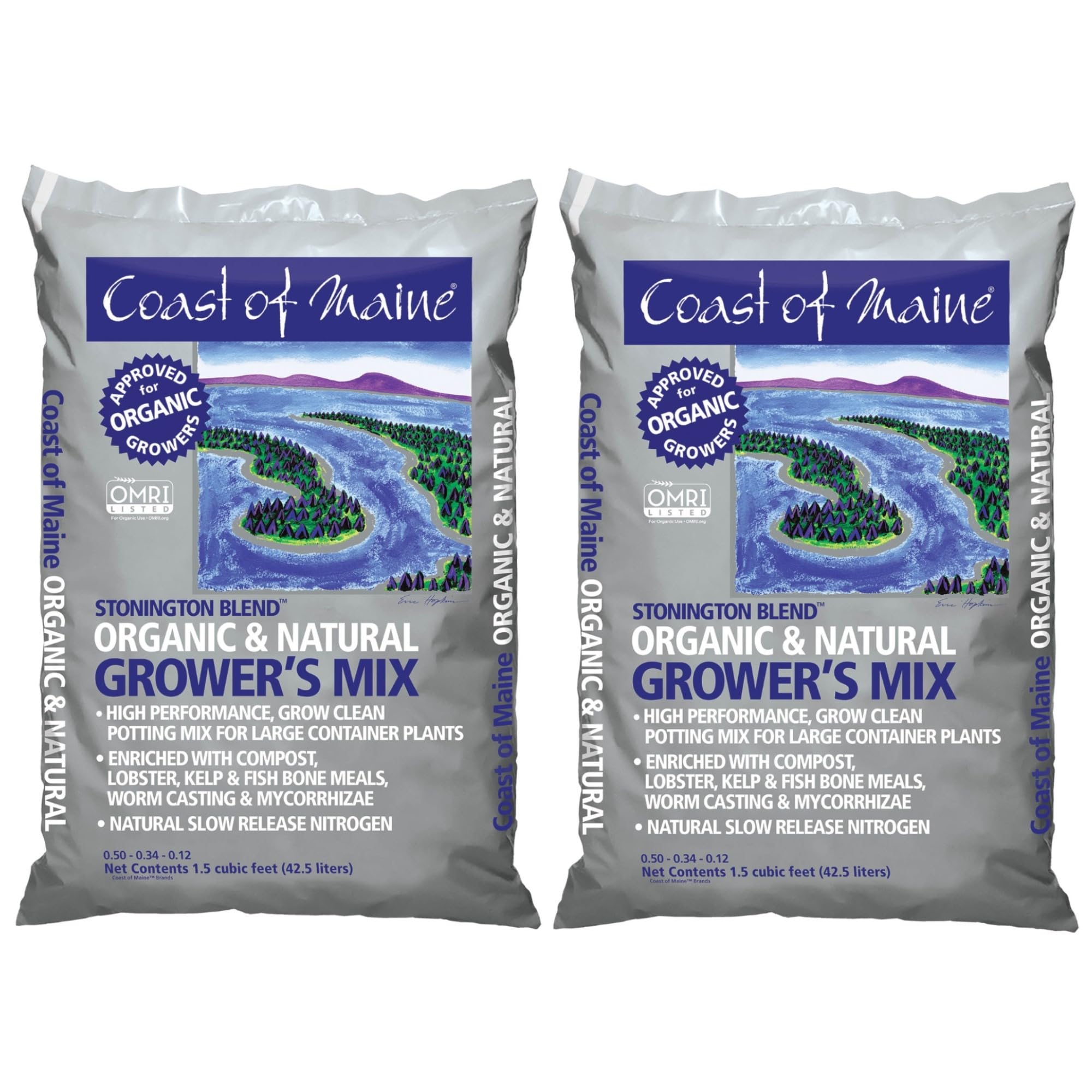 Organic Stonington Blend Grower's Mix by Coast of Maine - 1.5 cu ft (Pack of 2) - All-Natural Potting Soil for Large Container Plants, Vegetables, Flowers & Indoor Gardening