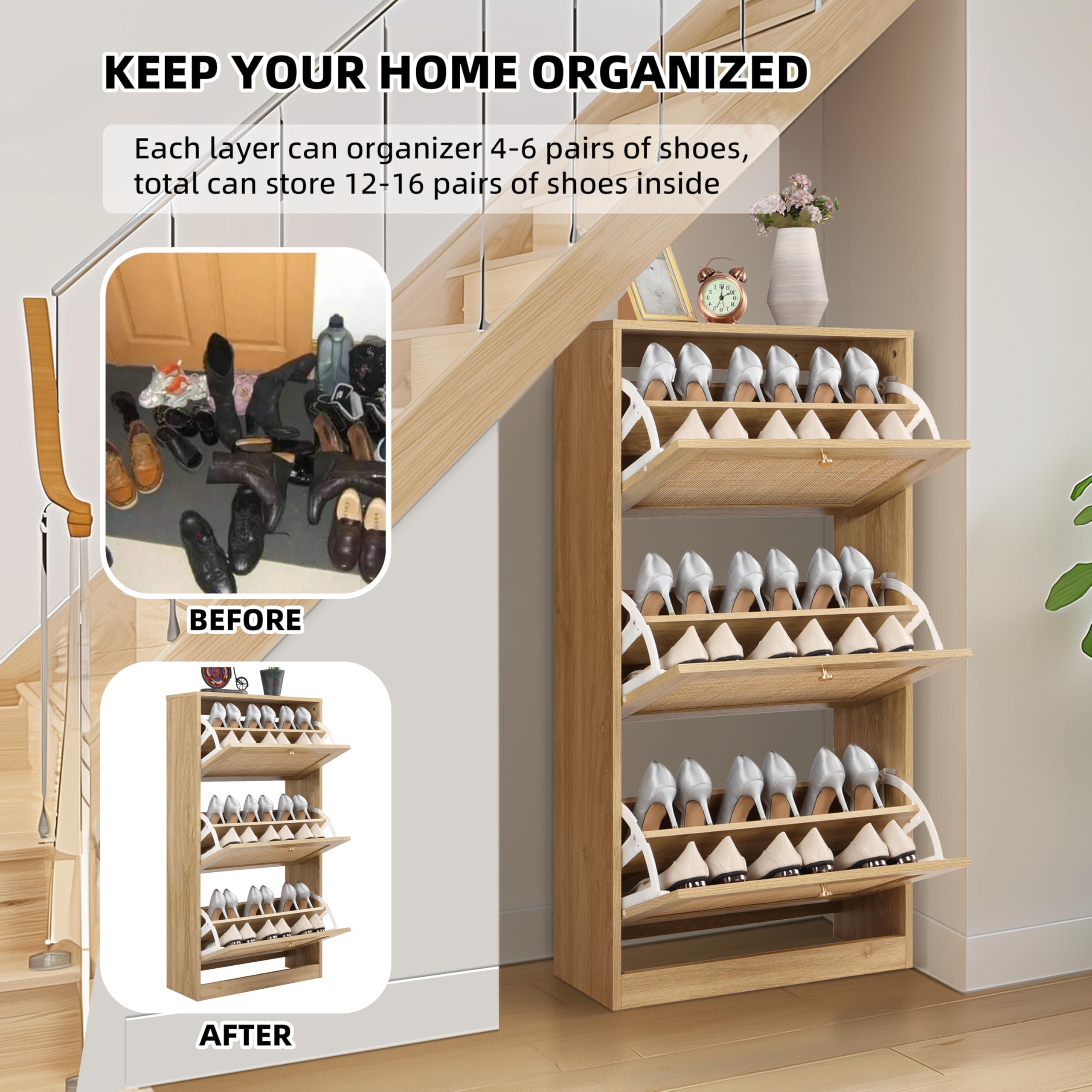Finnhomy 3-Tier Shoe Cabinet with Natural Rattan Flip Drawers - Free Standing Slim Shoe Storage Organizer for Entryway, Large Top Board & Adjustable Width Drawers - Perfect for Small Spaces, Apartments & Closet Organization