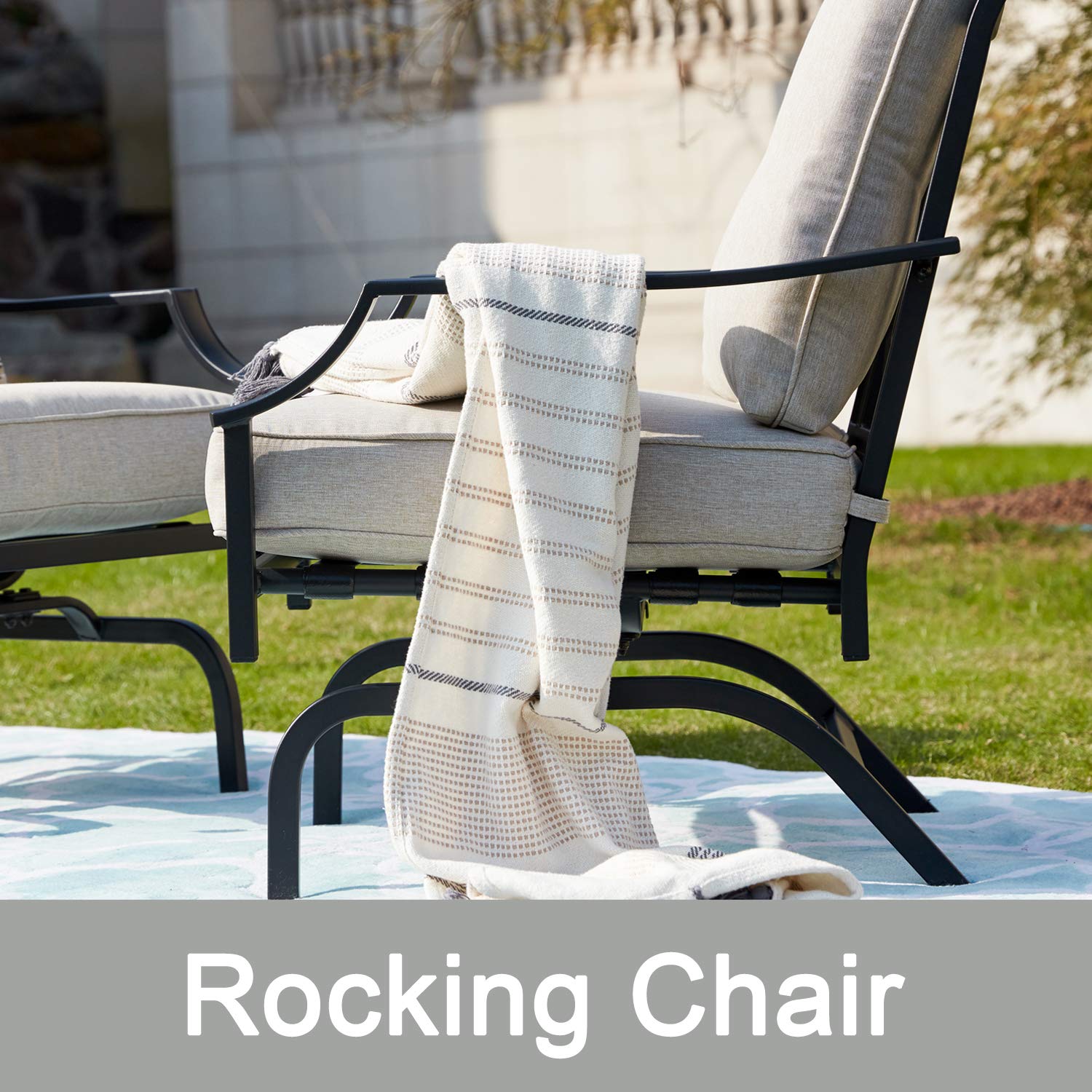 **Black Metal Rocking Patio Chairs with Padded Cushions - Outdoor Spring Motion Dining Set for Porch, Garden, Balcony - Perfect for Relaxing & Entertaining Guests**