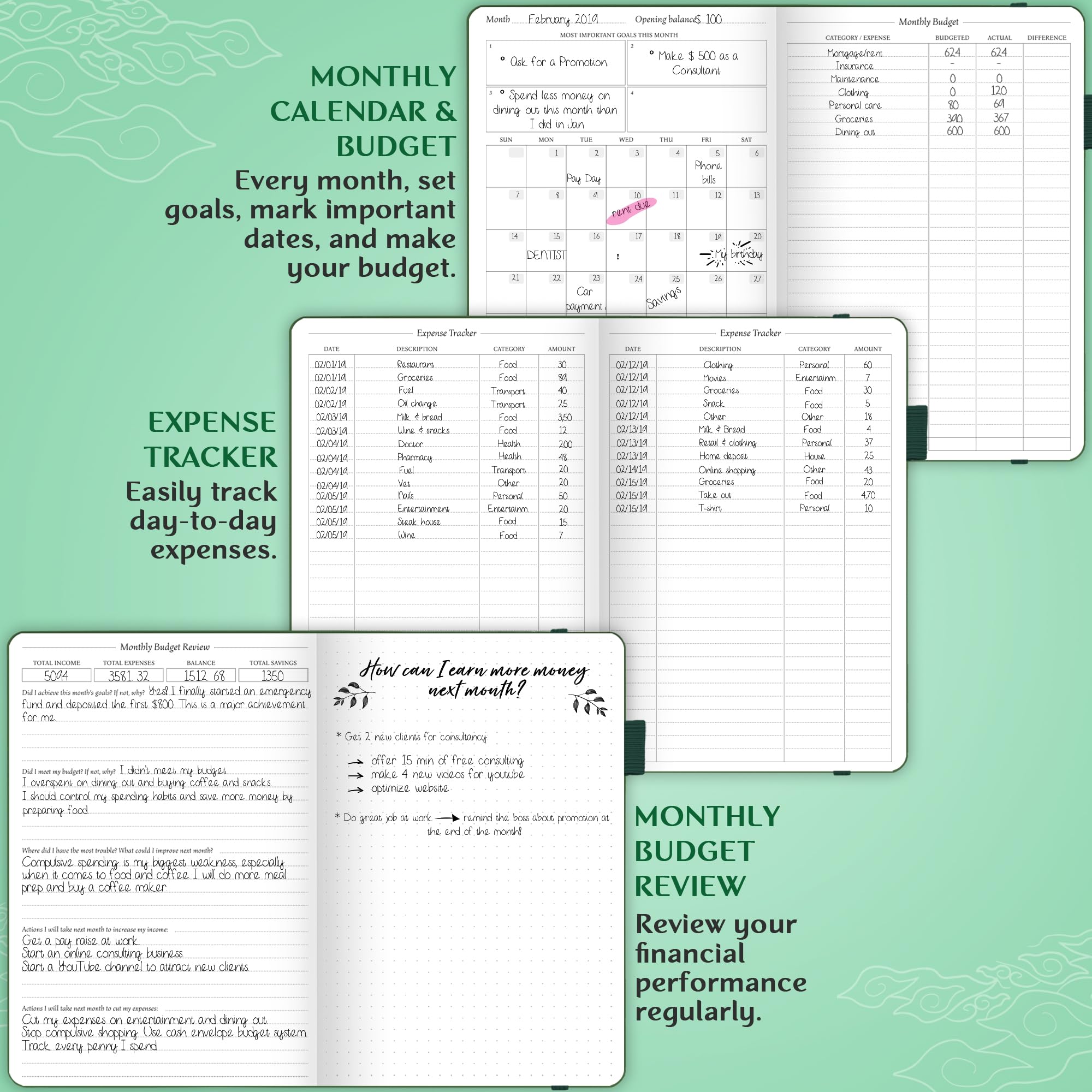 Budget Planner Notebook - Expense Tracker for Monthly Budgeting & Finance Organization (Dark Green) - Perfect for Home & Office Use
