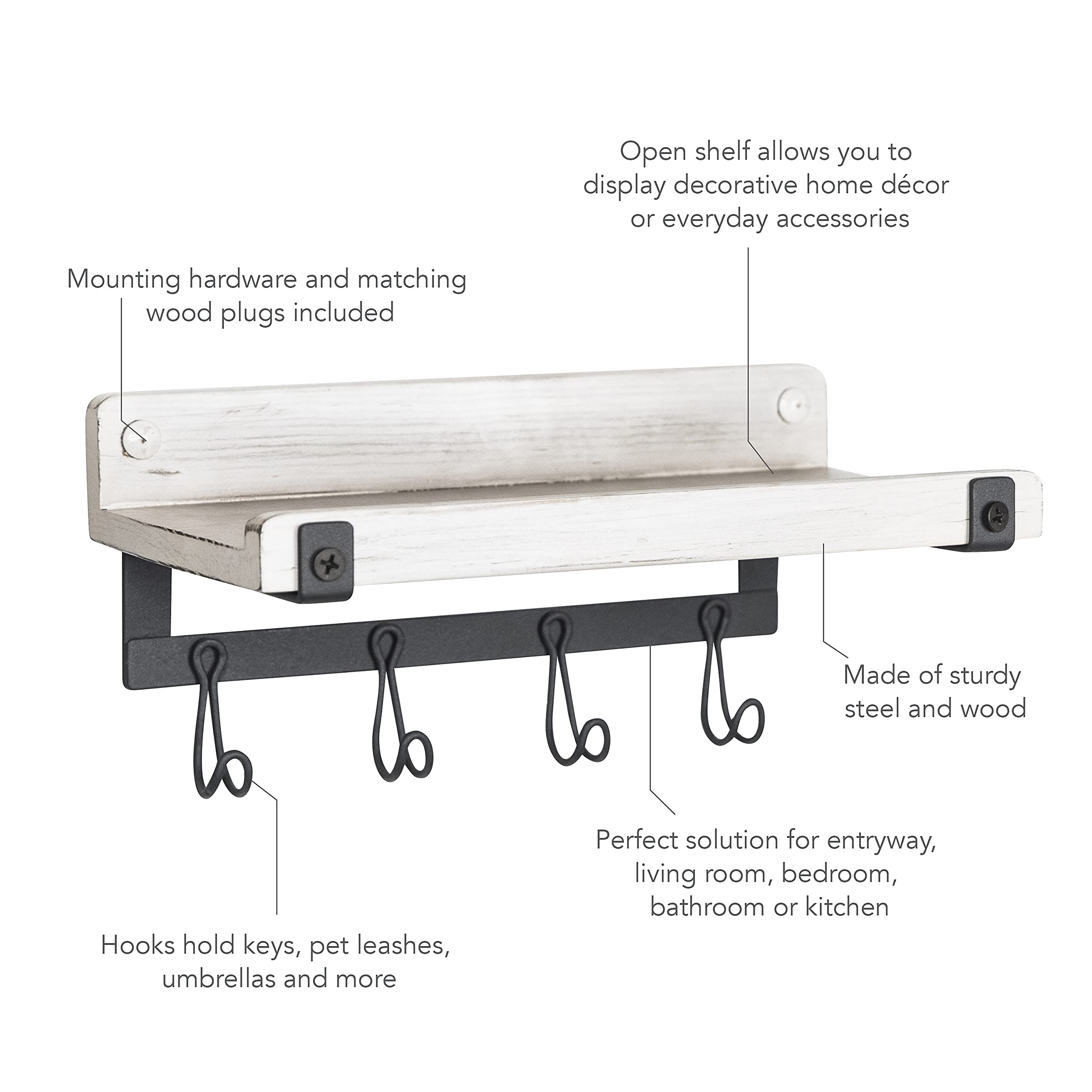 Spectrum Diversified Rowan™ Wall Mount Wood Valet & Hook Station - Entryway Storage Organizer for Keys, Hats & Coats | Perfect for Hallway, Mudroom & Closet Organization