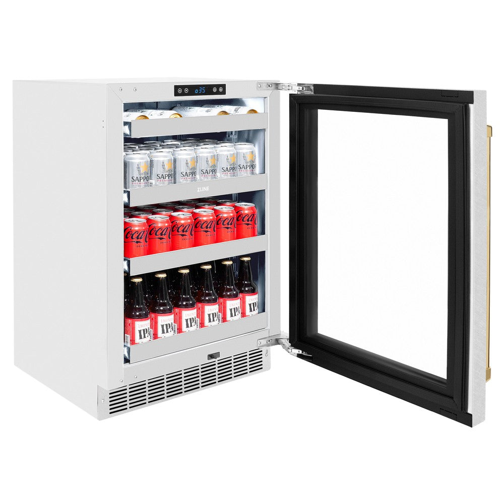 ZLINE Autograph Edition 24 Inch Touchstone 151 Beverage Refrigerator - Stainless Steel Glass Door with Gold Handle - Perfect for Home Bar, Kitchen, or Office - Energy Efficient Drink Cooler for Wine, Beer & Soda (RBSOZ SN 24 G)