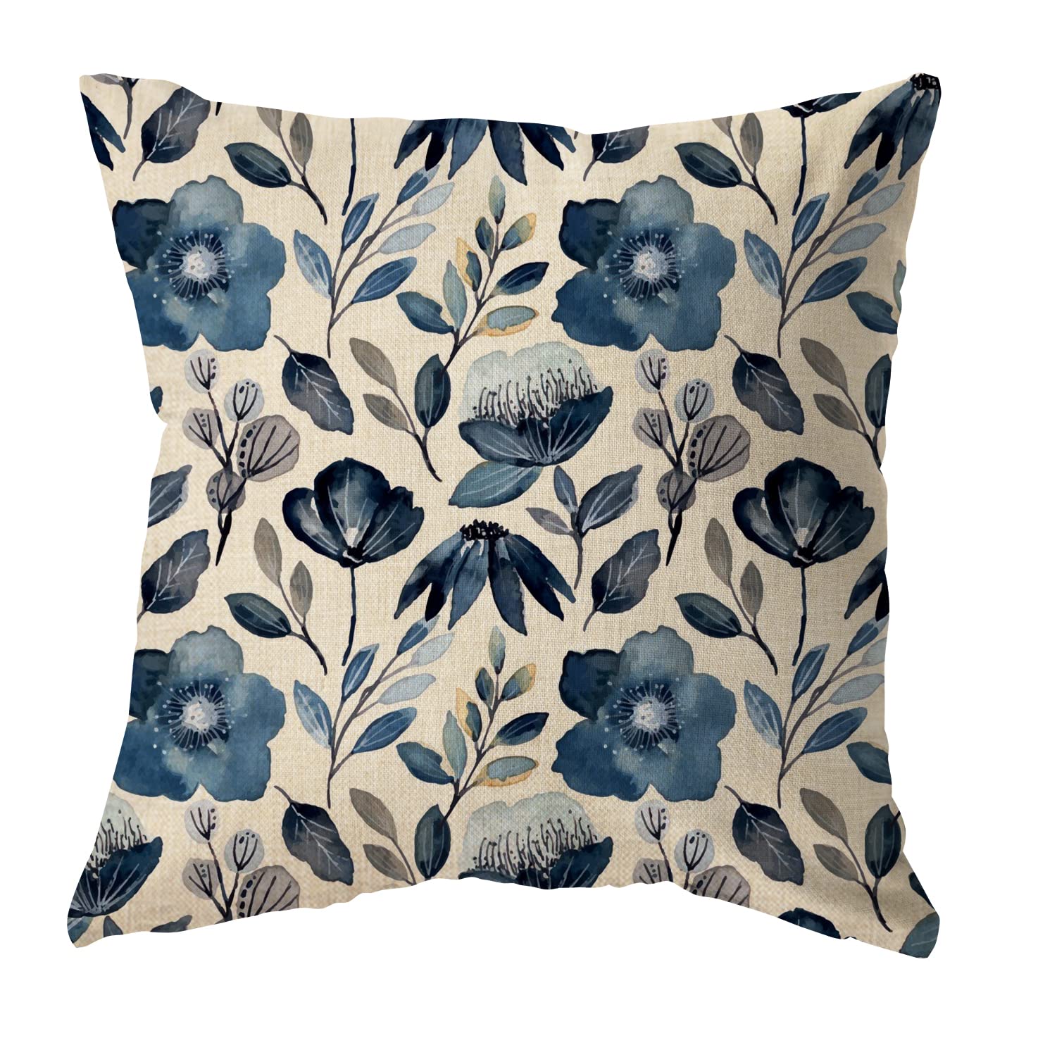 4-Pack Blue Floral Leaf Bird Retro Farmhouse Throw Pillow Covers 18x18 Inch - Cotton Linen Blend Cushion Cases for Sofa, Living Room, Bedroom Decor - Rustic Home Accent Gift for Housewarming, Wedding, Christmas