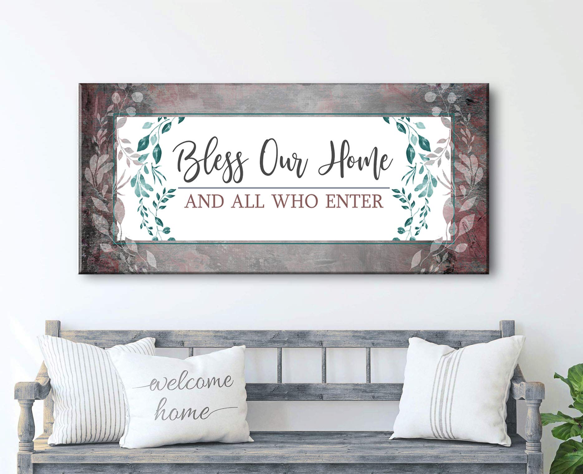 Bless Our Home Sign - Large Canvas Wall Art for Front Door Decor & Entryway - Housewarming Gift in Dusty Pink (42x19) - Perfect for Living Room, Bedroom & Farmhouse Style Home Decor