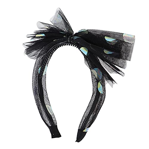 Motique Accessories Layered Tulle Bow Headband With Metallic Circles - Black | Elegant Hair Accessory for Women & Girls | Perfect for Weddings, Parties & Special Occasions