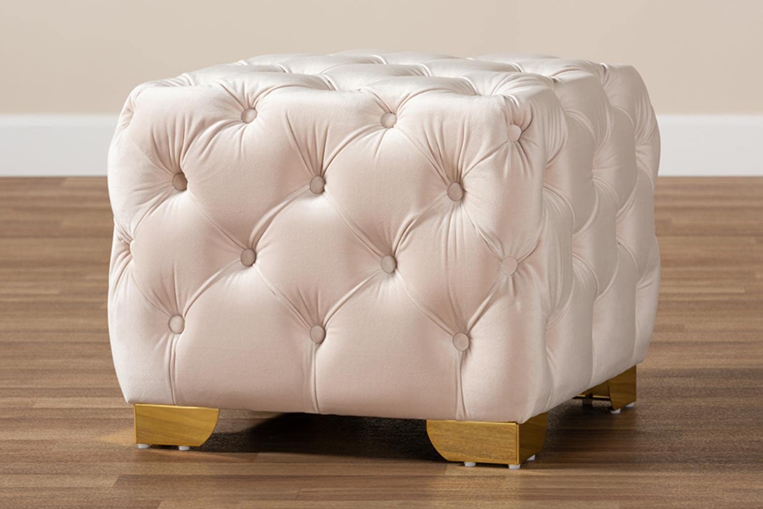 Baxton Studio Avara Tufted Ottoman - Light Beige Velvet Upholstery with Gold Finish | Luxury Footstool, Accent Seat & Bedroom Decor for Modern Living Rooms