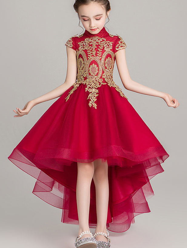 Elegant Gold and Red Cheongsam Dress for Girls - High Low Hemline for Weddings & Birthday Parties | Perfect for Special Occasions, Pageants, and Cultural Events