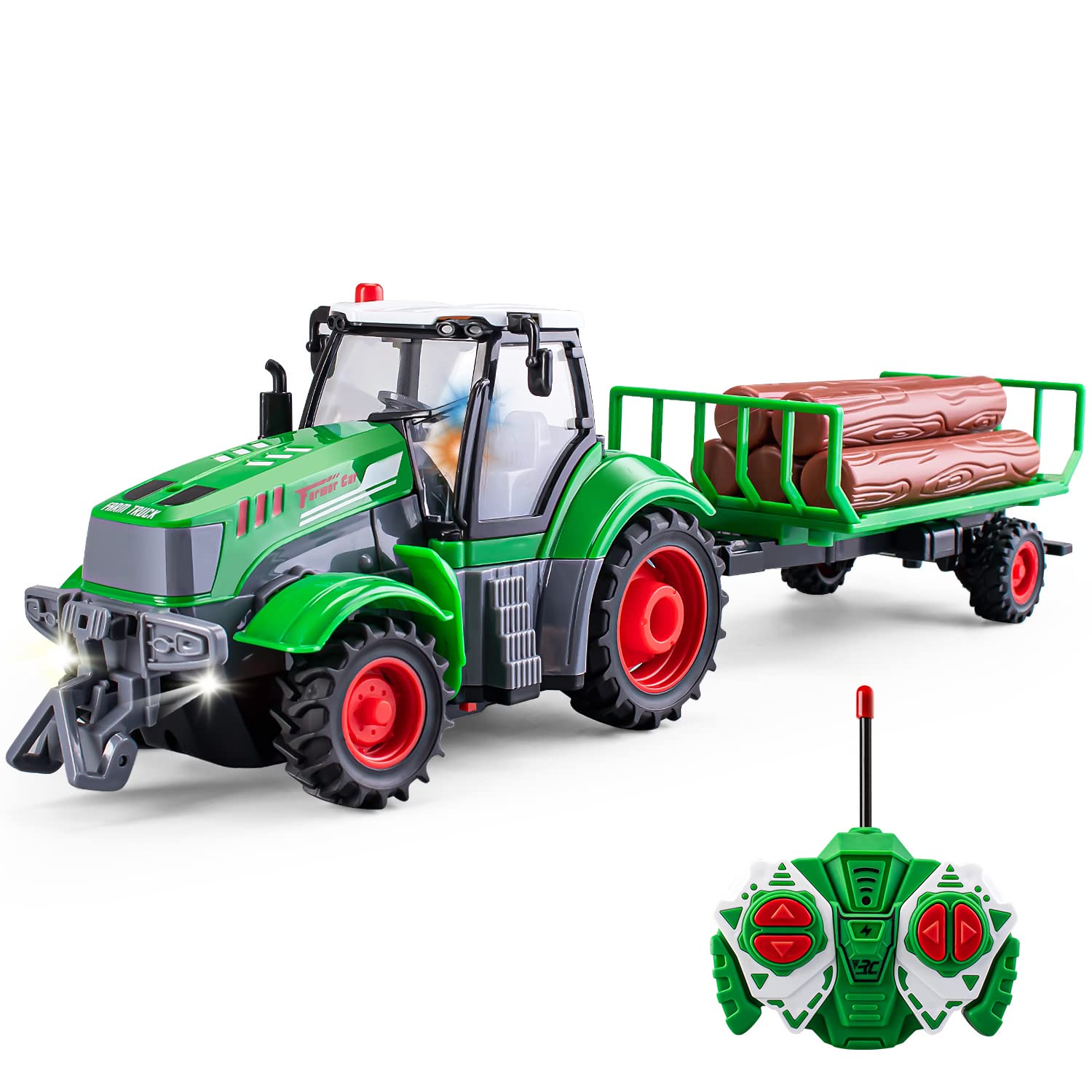 1/24 Scale Remote Control Tractor Toy with Log Trailer - Best Gift for 4-7 Year Old Boys | Kids Farm Vehicle Toy for Indoor & Outdoor Play | Birthday & Christmas Present for Toddlers