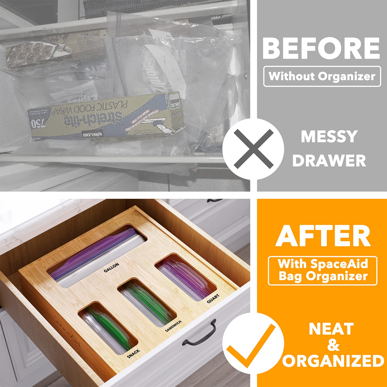 Bamboo Kitchen Drawer Organizer for Gallon, Quart, Sandwich & Snack Bags - 4-Slot Storage Box (2.5