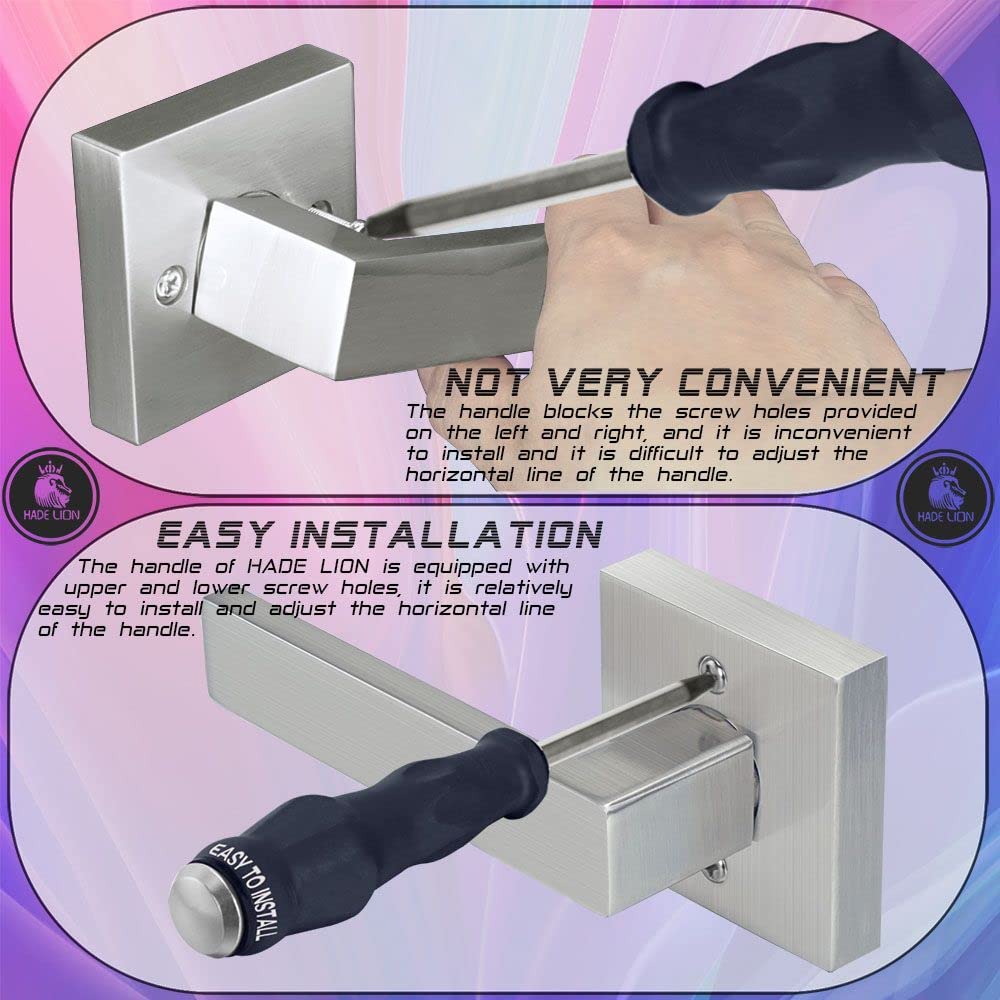 Brushed Nickel Square Straight Door Lever - Keyless Interior Door Knob Without Lock (1 Pack) - Heavy Duty for Hallway, Closet & Bedroom Doors - Modern Home & Office Hardware Upgrade