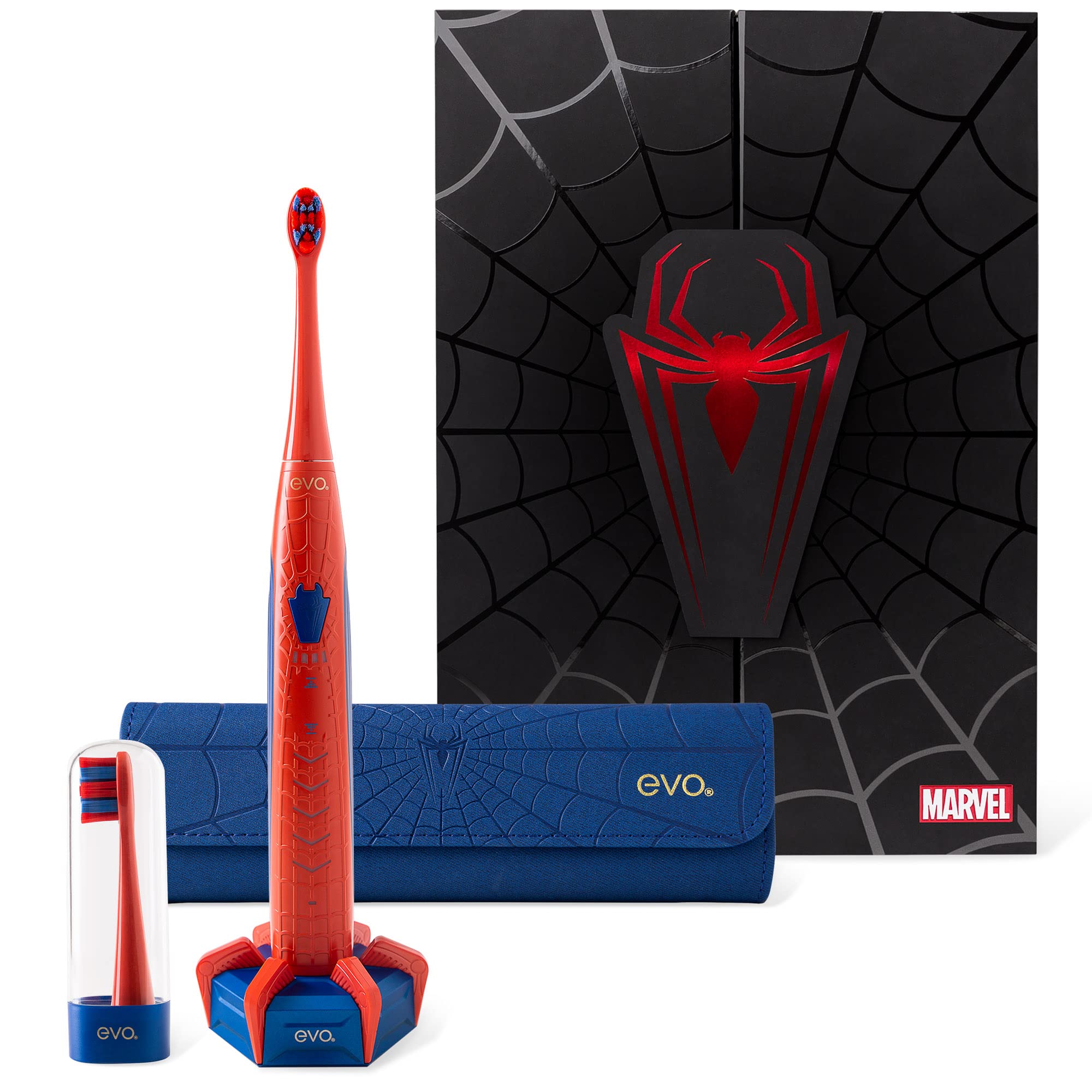 EVO SPM-1 Rechargeable Sonic Toothbrush with Spider-Man Design - Electric Toothbrush for Adults & Kids, Includes Travel Case & Brush Heads - Perfect for Home, Travel & Marvel Fans Collection