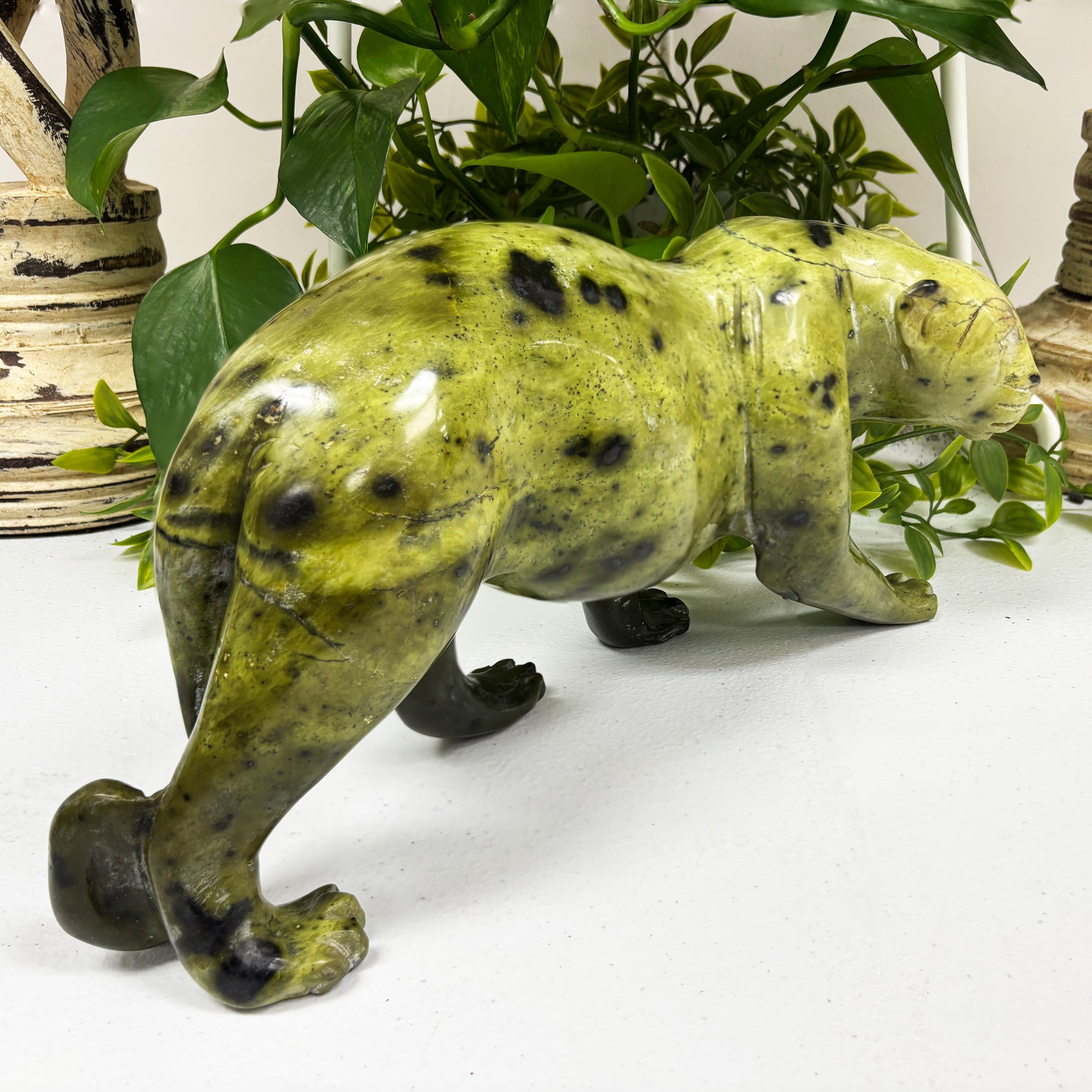 Natural Serpentine Leopard Gemstone Carving - Handmade Crystal Animal Figurine Statue for Home Decor, Feng Shui & Spiritual Healing | RAN461