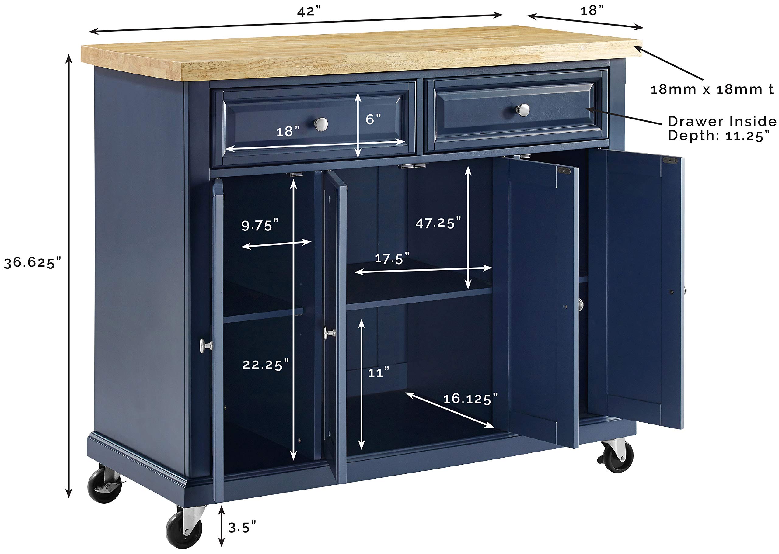 Crosley Furniture Madison Kitchen Island with Storage Shelves & Drawers - Microwave Stand, Coffee Bar Organizer - Navy Blue for Modern Farmhouse & Small Kitchen Spaces